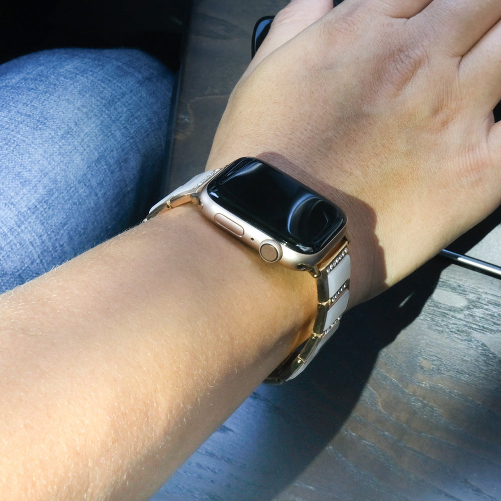 Rhinestone Synthetic Jade Decor Watch Band Stainless Steel Wrist Strap for Apple Watch Series 8 41mm / Series 7 41mm / Watch Series 6 / SE / SE(2022) / 5 / 4 40mm / Watch Series 3 / 2 / 1 38mm - Gold / White