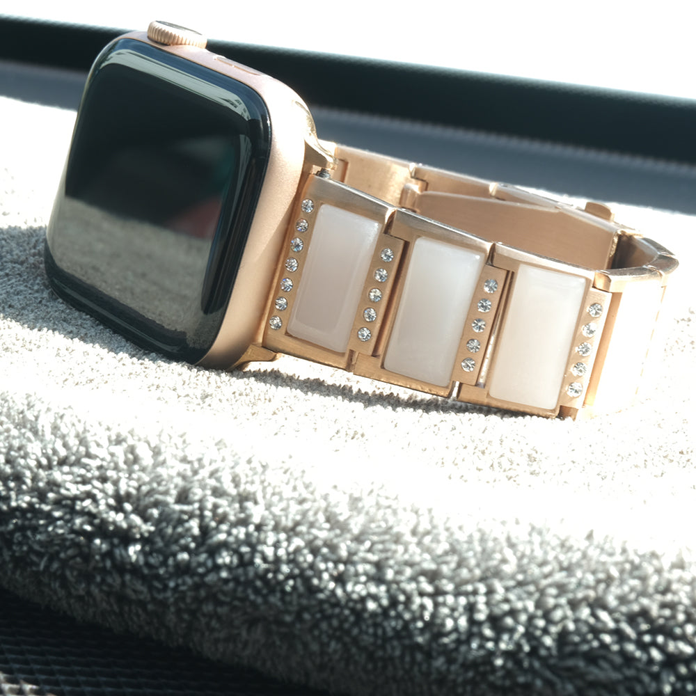 Rhinestone Synthetic Jade Decor Watch Band Stainless Steel Wrist Strap for Apple Watch Series 8 41mm / Series 7 41mm / Watch Series 6 / SE / SE(2022) / 5 / 4 40mm / Watch Series 3 / 2 / 1 38mm - Gold / White
