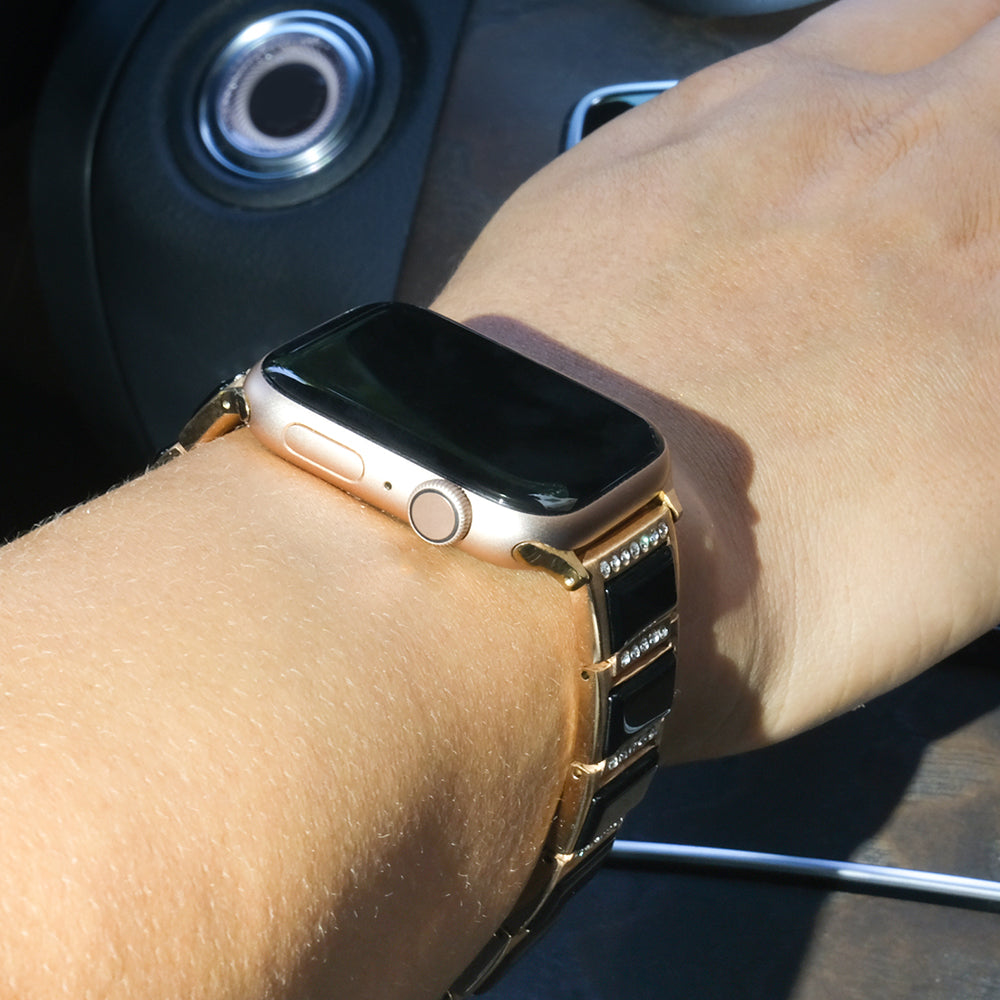 Rhinestone Synthetic Jade Decor Watch Band Stainless Steel Wrist Strap for Apple Watch Series 8 41mm / Series 7 41mm / Watch Series 6 / SE / SE(2022) / 5 / 4 40mm / Watch Series 3 / 2 / 1 38mm - Gold / Black