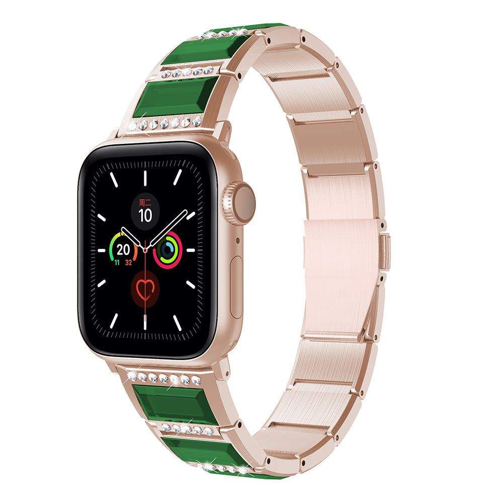Rhinestone Synthetic Jade Decor Watch Band Stainless Steel Wrist Strap for Apple Watch Series 8 41mm / Series 7 41mm / Watch Series 6 / SE / SE(2022) / 5 / 4 40mm / Watch Series 3 / 2 / 1 38mm - Gold / Green