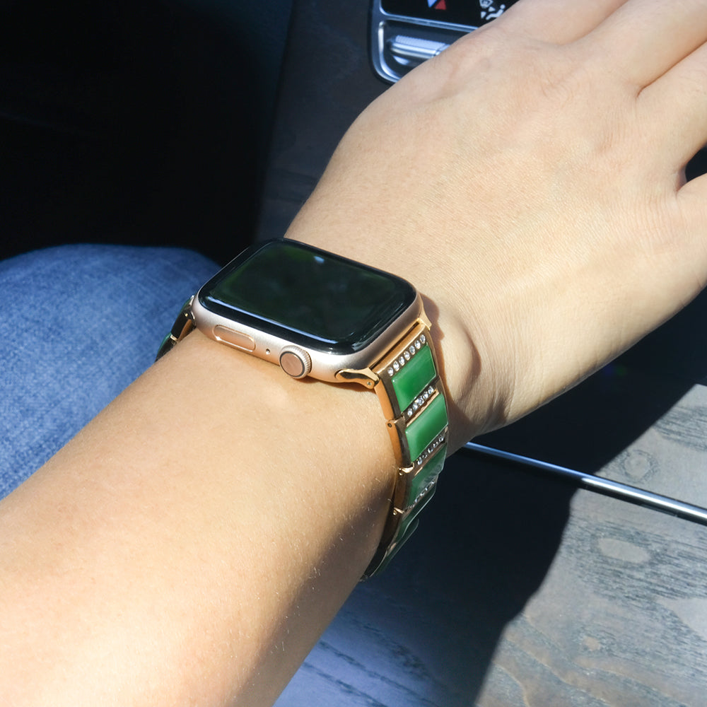 Rhinestone Synthetic Jade Decor Watch Band Stainless Steel Wrist Strap for Apple Watch Series 8 41mm / Series 7 41mm / Watch Series 6 / SE / SE(2022) / 5 / 4 40mm / Watch Series 3 / 2 / 1 38mm - Gold / Green