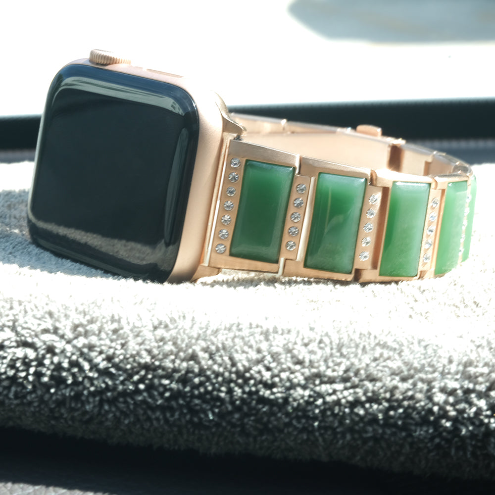 Rhinestone Synthetic Jade Decor Watch Band Stainless Steel Wrist Strap for Apple Watch Series 8 41mm / Series 7 41mm / Watch Series 6 / SE / SE(2022) / 5 / 4 40mm / Watch Series 3 / 2 / 1 38mm - Gold / Green