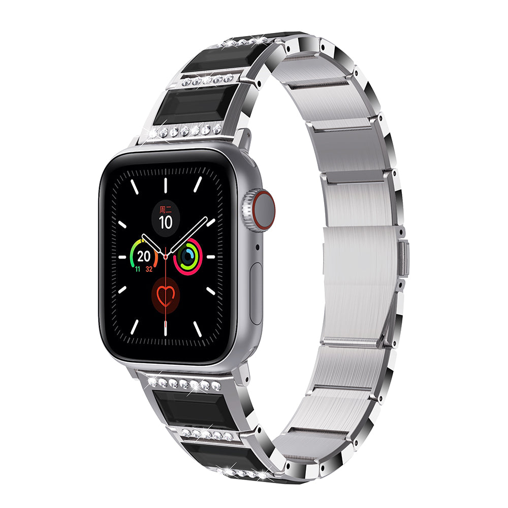 Rhinestone Synthetic Jade Decor Watch Band Stainless Steel Wrist Strap for Apple Watch Series 8 41mm / Series 7 41mm / Watch Series 6 / SE / SE(2022) / 5 / 4 40mm / Watch Series 3 / 2 / 1 38mm - Silver / Black