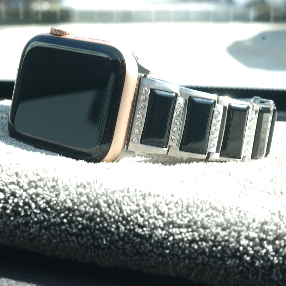 Rhinestone Synthetic Jade Decor Watch Band Stainless Steel Wrist Strap for Apple Watch Series 8 41mm / Series 7 41mm / Watch Series 6 / SE / SE(2022) / 5 / 4 40mm / Watch Series 3 / 2 / 1 38mm - Silver / Black