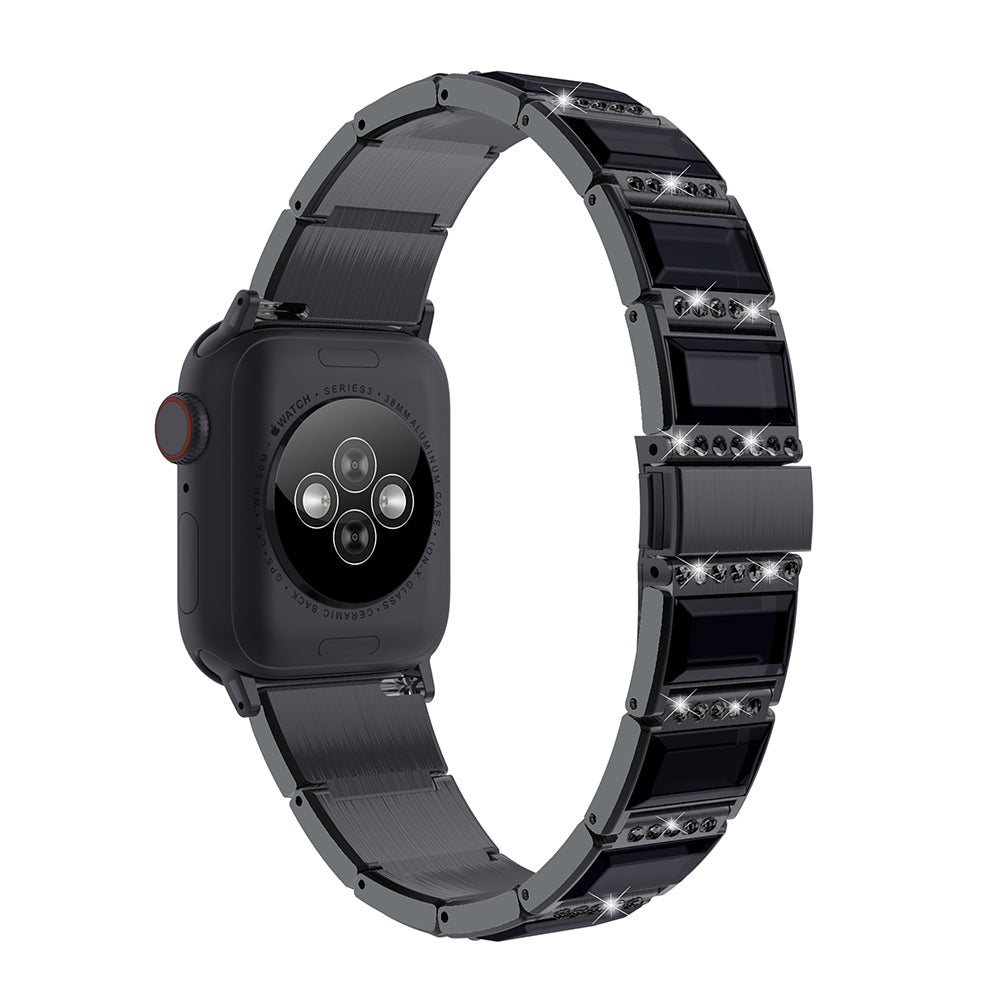 Rhinestone Synthetic Jade Decor Stainless Steel Smart Watch Strap Band Replacement for Apple Watch Ultra 49mm / Series 8 45mm / 7 45mm / Watch Series 6 / SE 44mm / SE (2022) 44mm / 5 / 4 44mm / Watch Series 3 / 2 / 1 42mm - Black / Black