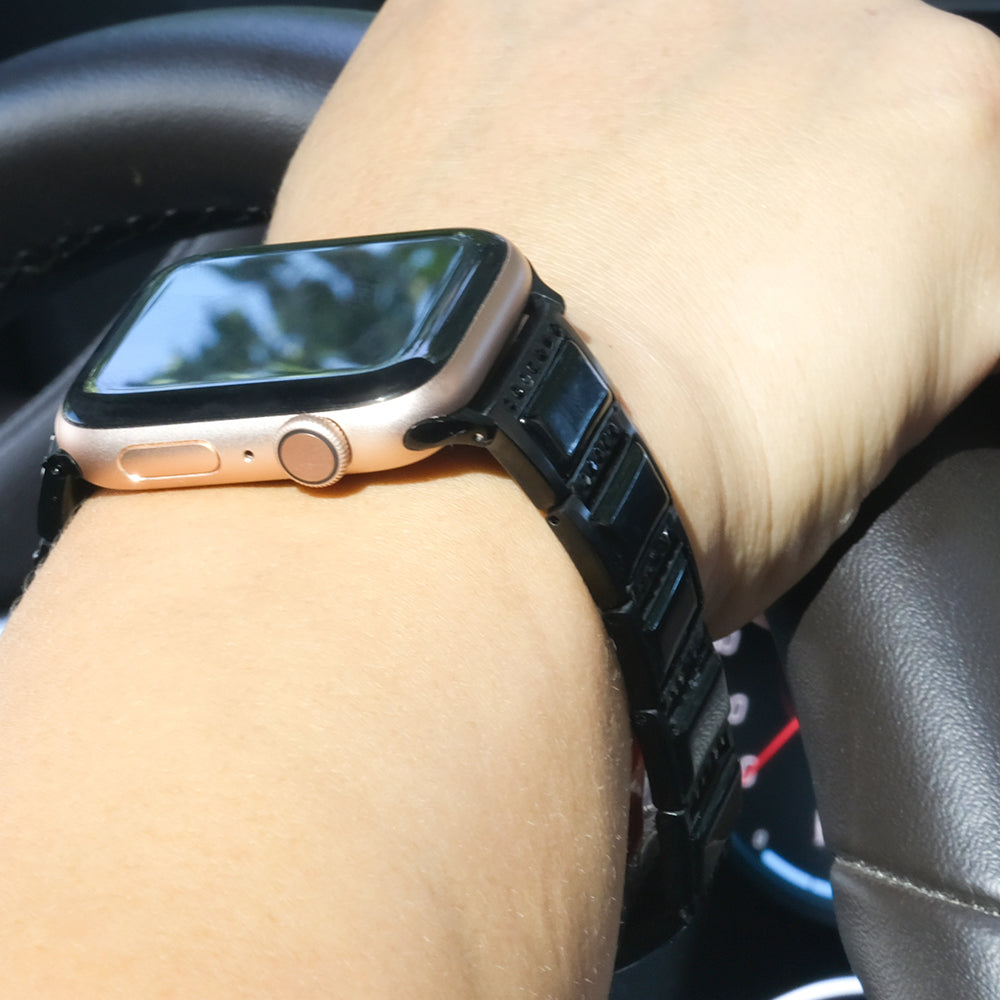 Rhinestone Synthetic Jade Decor Stainless Steel Smart Watch Strap Band Replacement for Apple Watch Ultra 49mm / Series 8 45mm / 7 45mm / Watch Series 6 / SE 44mm / SE (2022) 44mm / 5 / 4 44mm / Watch Series 3 / 2 / 1 42mm - Black / Black