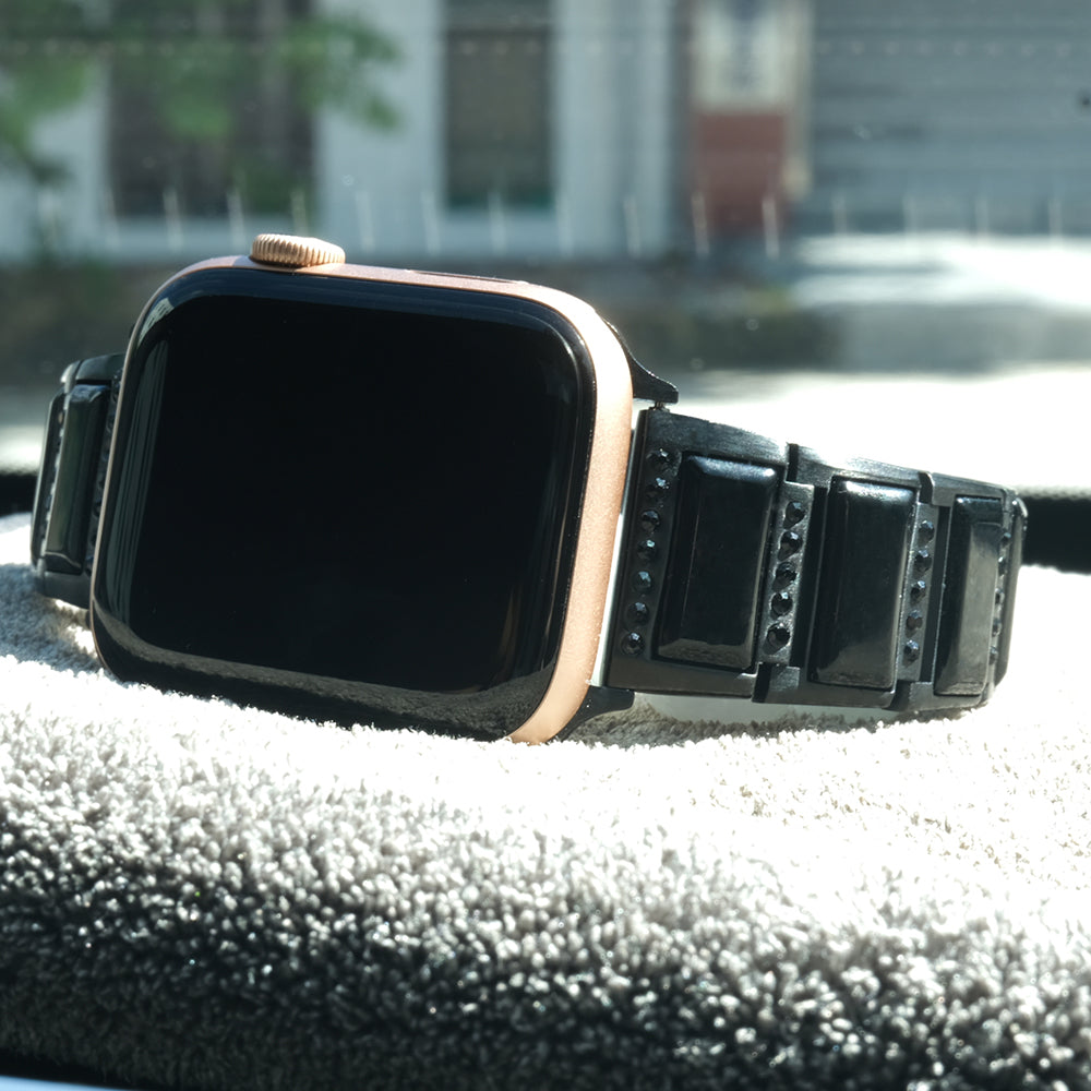 Rhinestone Synthetic Jade Decor Stainless Steel Smart Watch Strap Band Replacement for Apple Watch Ultra 49mm / Series 8 45mm / 7 45mm / Watch Series 6 / SE 44mm / SE (2022) 44mm / 5 / 4 44mm / Watch Series 3 / 2 / 1 42mm - Black / Black