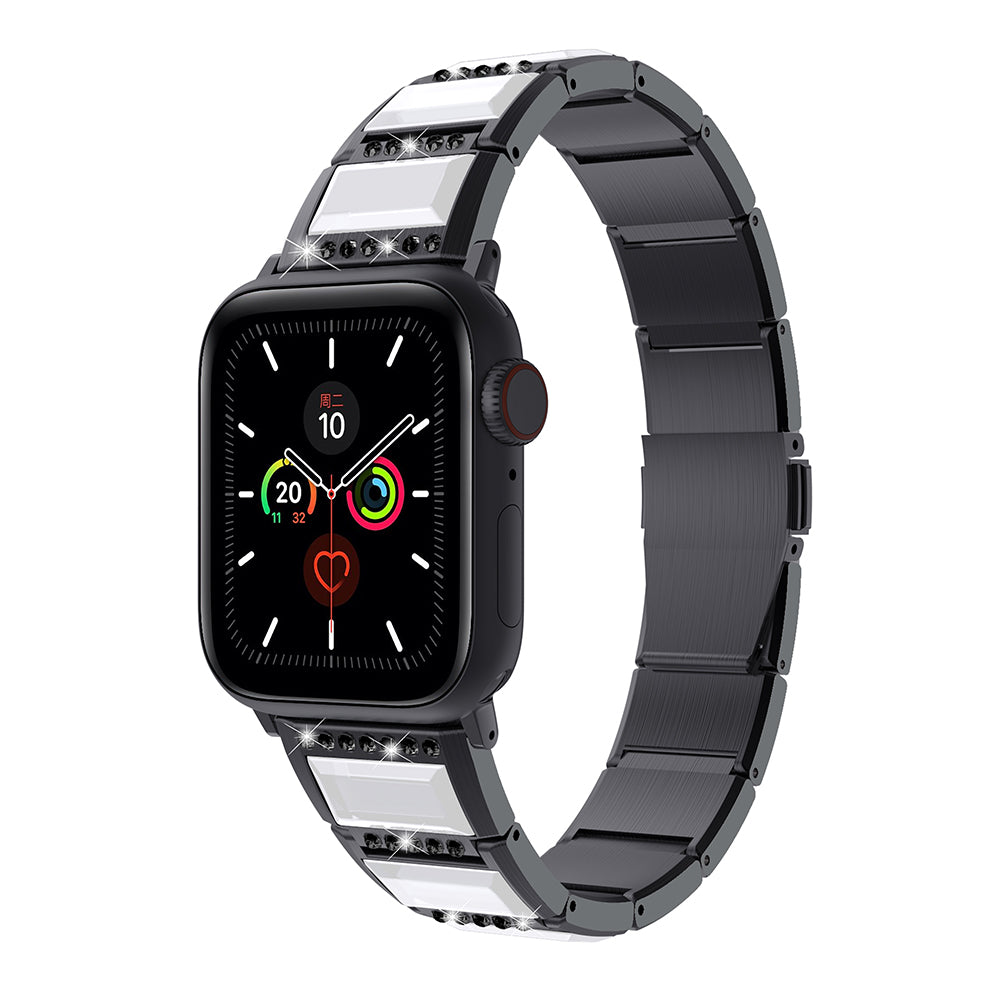 Rhinestone Synthetic Jade Decor Stainless Steel Smart Watch Strap Band Replacement for Apple Watch Ultra 49mm / Series 8 45mm / 7 45mm / Watch Series 6 / SE 44mm / SE (2022) 44mm / 5 / 4 44mm / Watch Series 3 / 2 / 1 42mm - Black / White