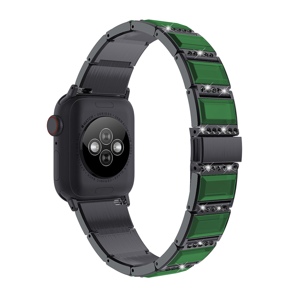 Rhinestone Synthetic Jade Decor Stainless Steel Smart Watch Strap Band Replacement for Apple Watch Ultra 49mm / Series 8 45mm / 7 45mm / Watch Series 6 / SE 44mm / SE (2022) 44mm / 5 / 4 44mm / Watch Series 3 / 2 / 1 42mm - Black / Green