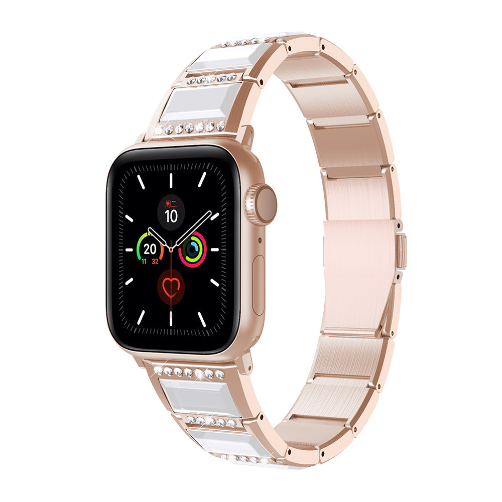 Rhinestone Synthetic Jade Decor Stainless Steel Smart Watch Strap Band Replacement for Apple Watch Ultra 49mm / Series 8 45mm / 7 45mm / Watch Series 6 / SE 44mm / SE (2022) 44mm / 5 / 4 44mm / Watch Series 3 / 2 / 1 42mm - Gold / White