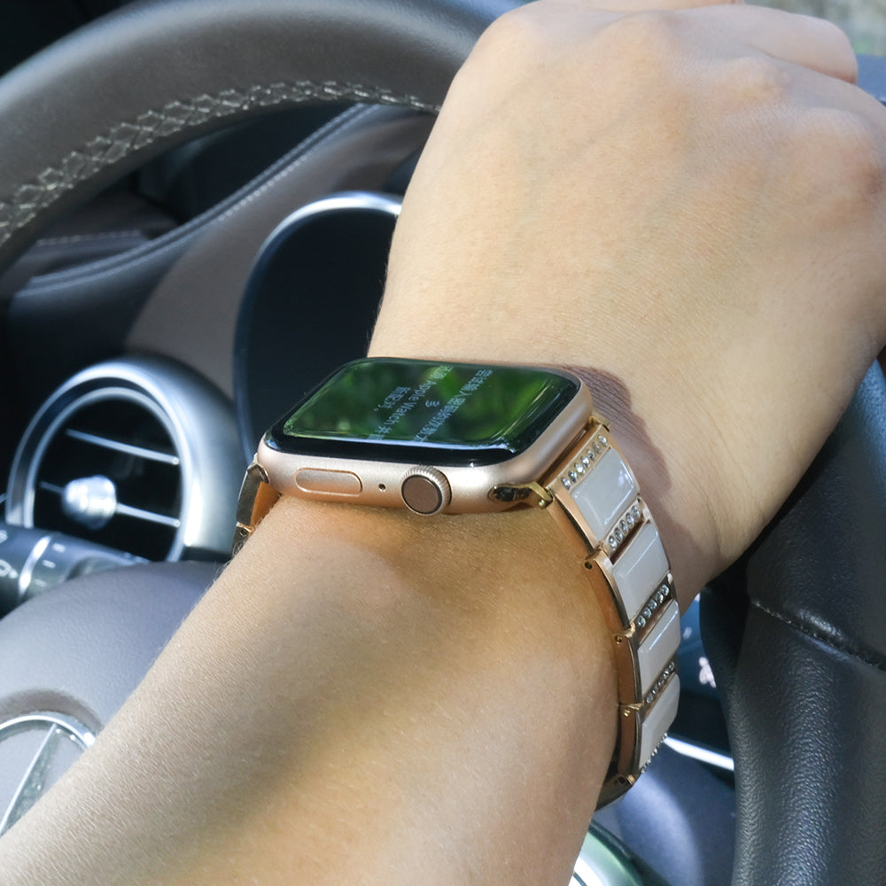 Rhinestone Synthetic Jade Decor Stainless Steel Smart Watch Strap Band Replacement for Apple Watch Ultra 49mm / Series 8 45mm / 7 45mm / Watch Series 6 / SE 44mm / SE (2022) 44mm / 5 / 4 44mm / Watch Series 3 / 2 / 1 42mm - Gold / White