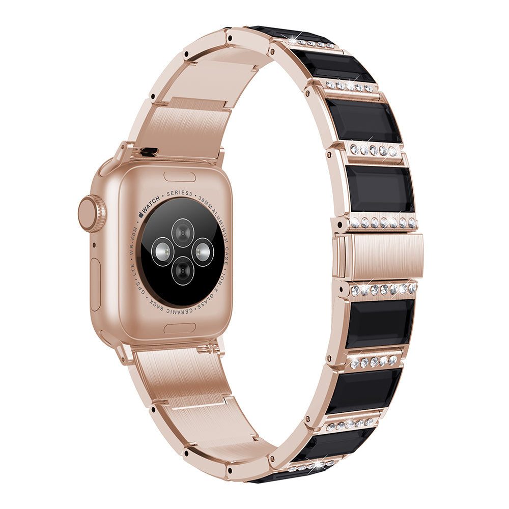 Rhinestone Synthetic Jade Decor Stainless Steel Smart Watch Strap Band Replacement for Apple Watch Ultra 49mm / Series 8 45mm / 7 45mm / Watch Series 6 / SE 44mm / SE (2022) 44mm / 5 / 4 44mm / Watch Series 3 / 2 / 1 42mm - Gold / Black