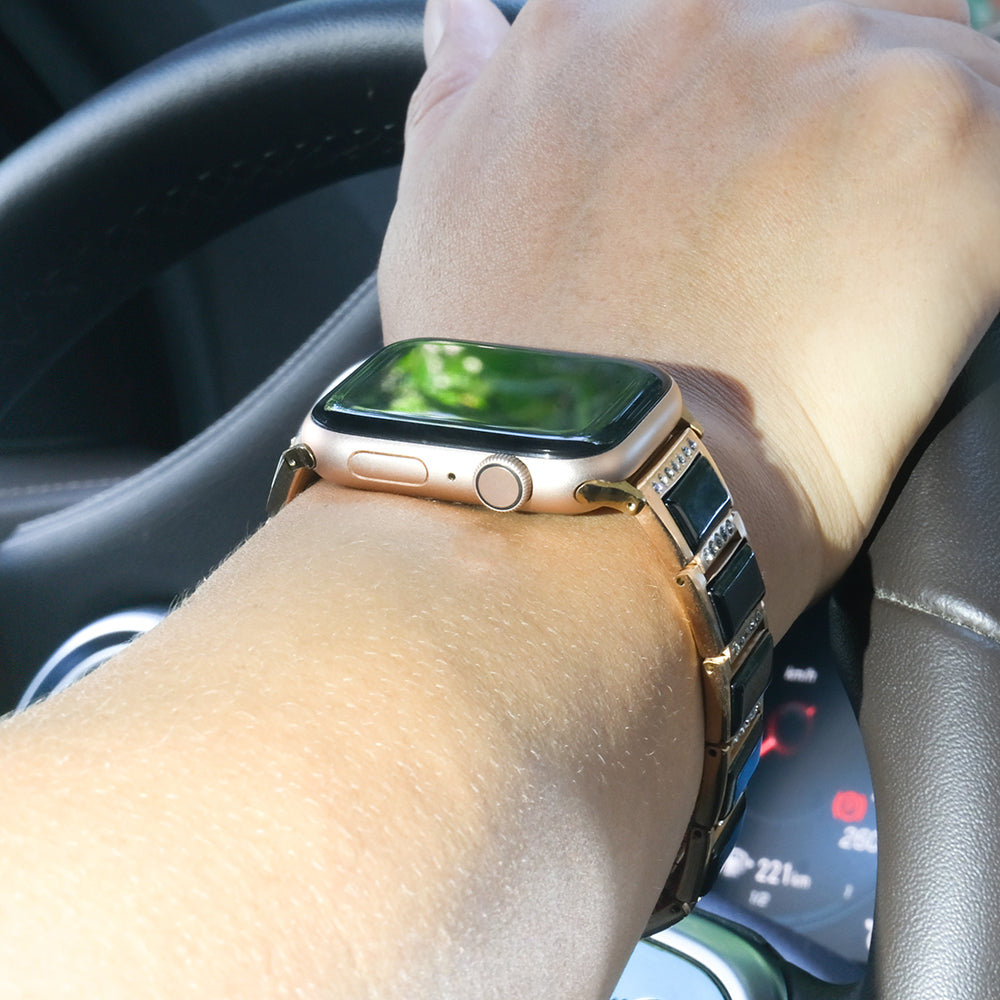 Rhinestone Synthetic Jade Decor Stainless Steel Smart Watch Strap Band Replacement for Apple Watch Ultra 49mm / Series 8 45mm / 7 45mm / Watch Series 6 / SE 44mm / SE (2022) 44mm / 5 / 4 44mm / Watch Series 3 / 2 / 1 42mm - Gold / Black