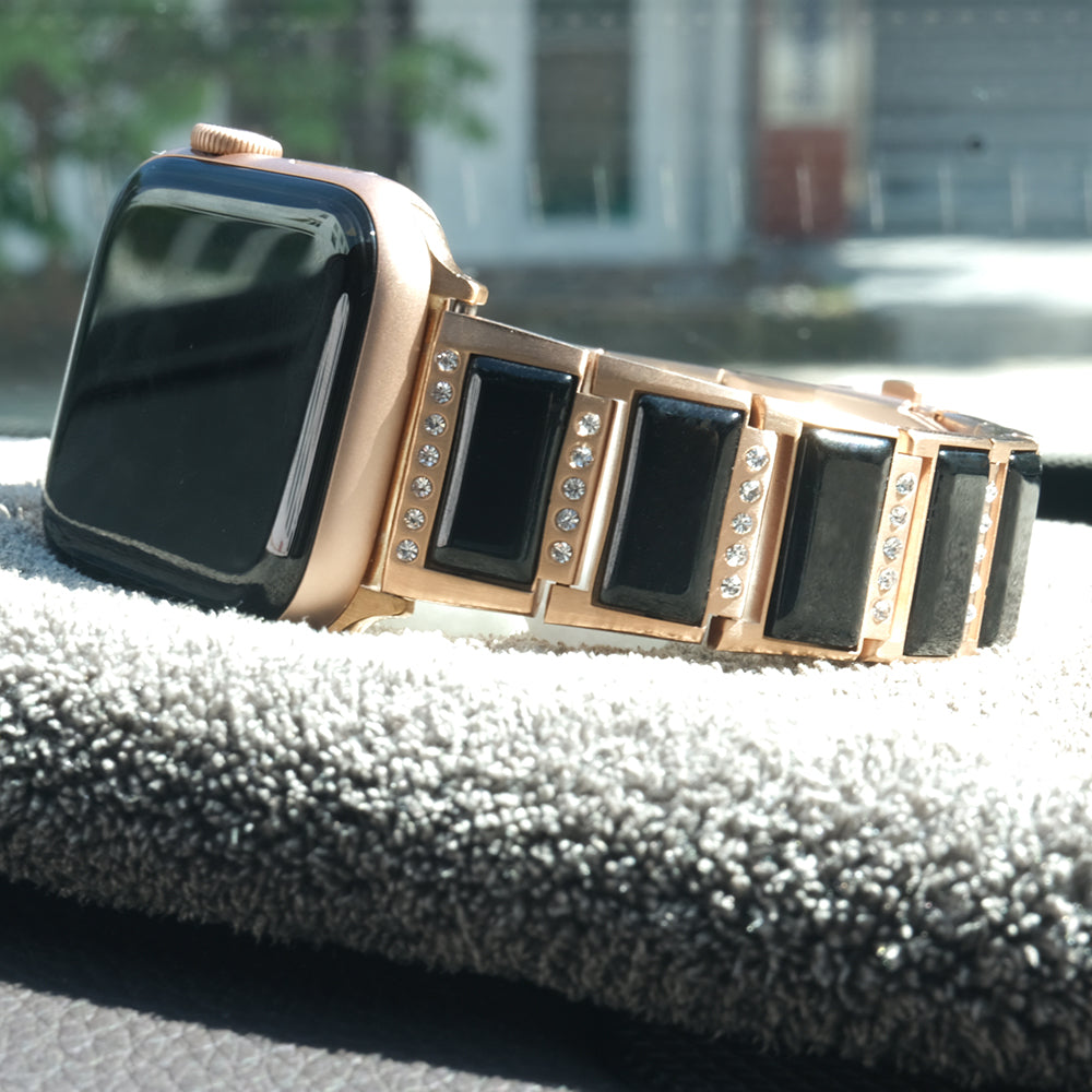 Rhinestone Synthetic Jade Decor Stainless Steel Smart Watch Strap Band Replacement for Apple Watch Ultra 49mm / Series 8 45mm / 7 45mm / Watch Series 6 / SE 44mm / SE (2022) 44mm / 5 / 4 44mm / Watch Series 3 / 2 / 1 42mm - Gold / Black