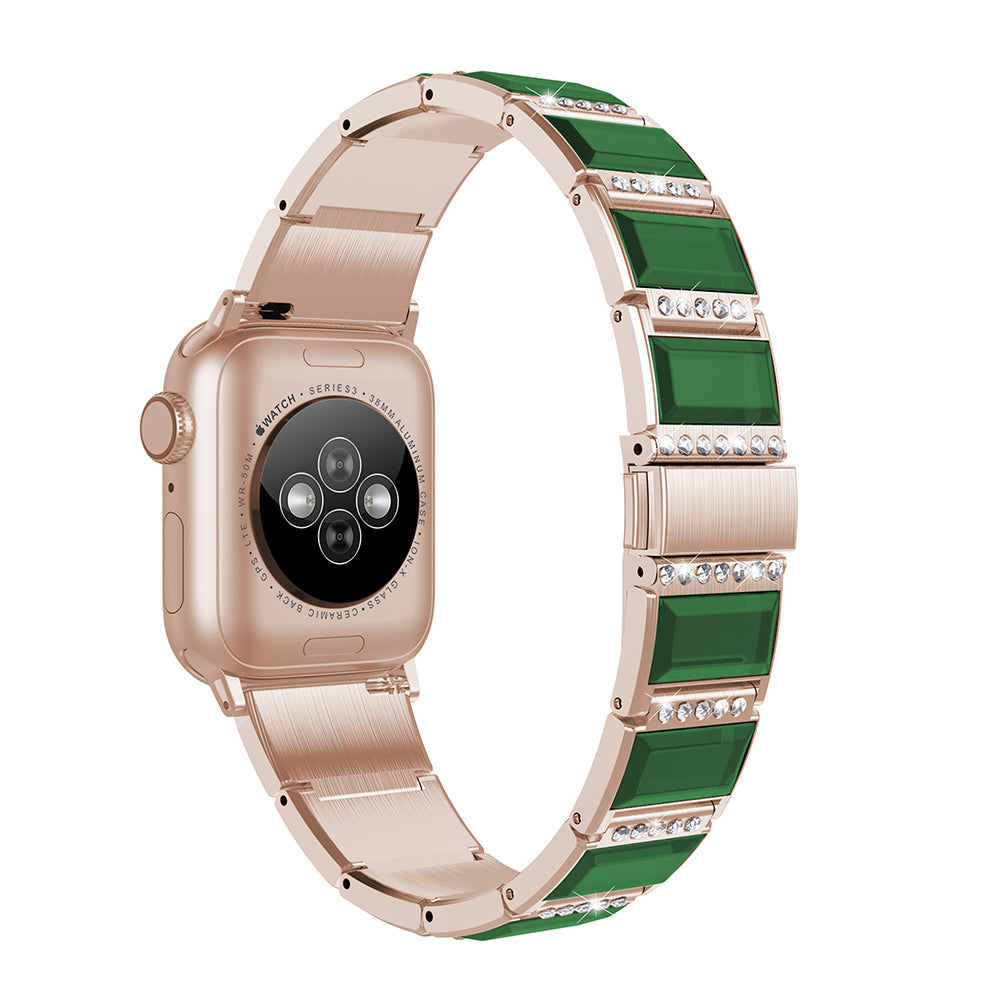 Rhinestone Synthetic Jade Decor Stainless Steel Smart Watch Strap Band Replacement for Apple Watch Ultra 49mm / Series 8 45mm / 7 45mm / Watch Series 6 / SE 44mm / SE (2022) 44mm / 5 / 4 44mm / Watch Series 3 / 2 / 1 42mm - Gold / Green