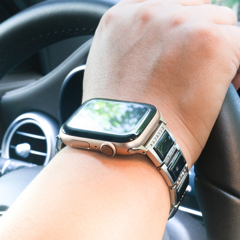 Rhinestone Synthetic Jade Decor Stainless Steel Smart Watch Strap Band Replacement for Apple Watch Ultra 49mm / Series 8 45mm / 7 45mm / Watch Series 6 / SE 44mm / SE (2022) 44mm / 5 / 4 44mm / Watch Series 3 / 2 / 1 42mm - Silver / Black