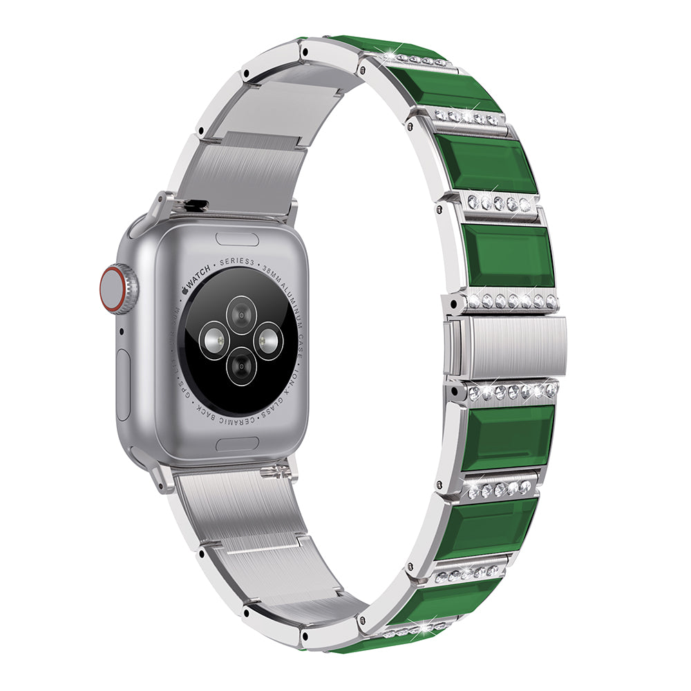 Rhinestone Synthetic Jade Decor Stainless Steel Smart Watch Strap Band Replacement for Apple Watch Ultra 49mm / Series 8 45mm / 7 45mm / Watch Series 6 / SE 44mm / SE (2022) 44mm / 5 / 4 44mm / Watch Series 3 / 2 / 1 42mm - Silver / Green