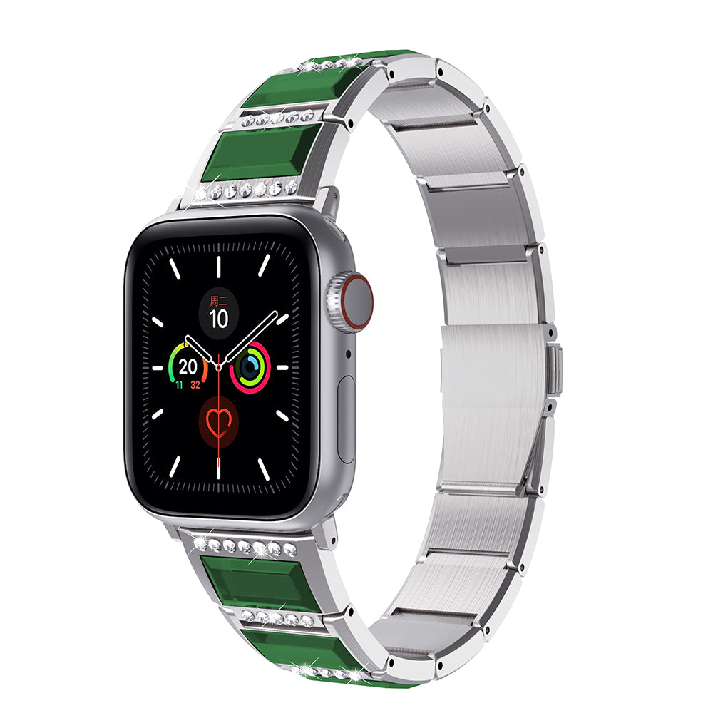 Rhinestone Synthetic Jade Decor Stainless Steel Smart Watch Strap Band Replacement for Apple Watch Ultra 49mm / Series 8 45mm / 7 45mm / Watch Series 6 / SE 44mm / SE (2022) 44mm / 5 / 4 44mm / Watch Series 3 / 2 / 1 42mm - Silver / Green