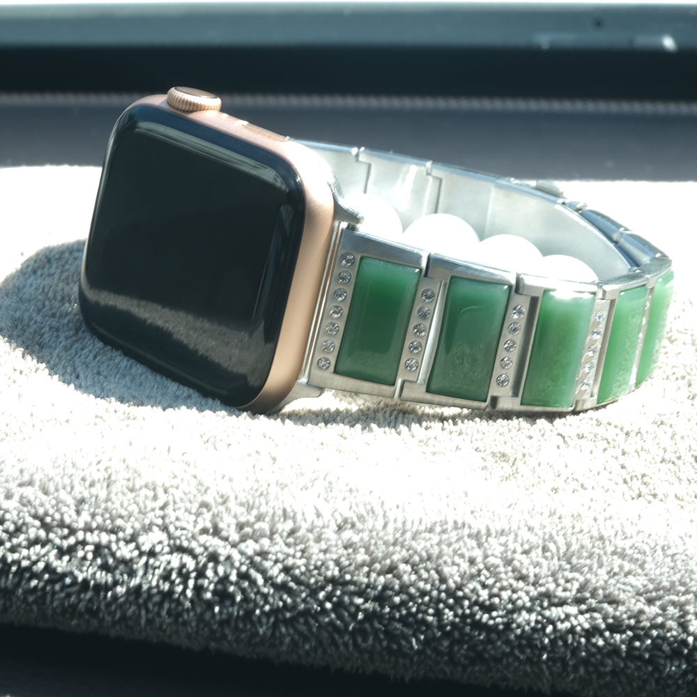 Rhinestone Synthetic Jade Decor Stainless Steel Smart Watch Strap Band Replacement for Apple Watch Ultra 49mm / Series 8 45mm / 7 45mm / Watch Series 6 / SE 44mm / SE (2022) 44mm / 5 / 4 44mm / Watch Series 3 / 2 / 1 42mm - Silver / Green