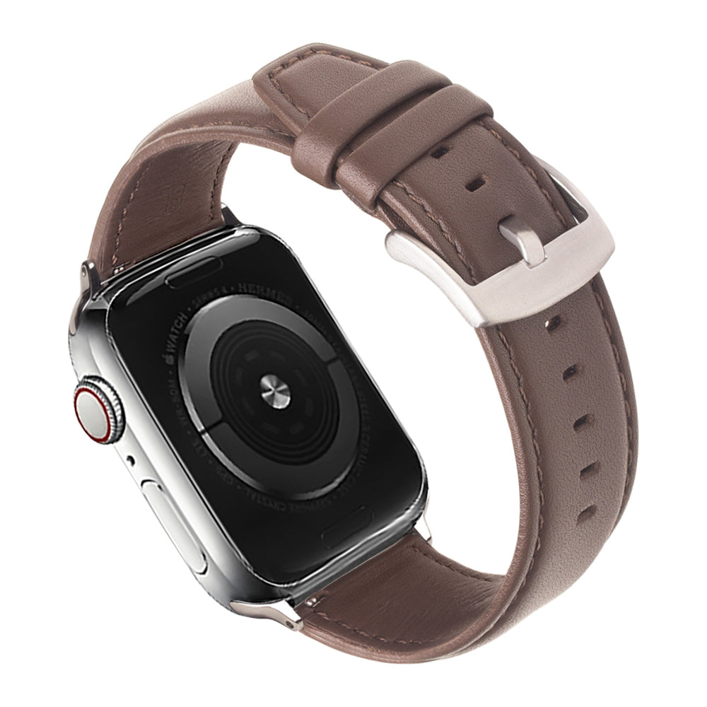 QIALINO Nappa Texture Genuine Leather Smart Watch Band Wrist Strap for Apple Watch Ultra 49mm / Series 8 45mm / 7 45mm / Series 4 / 5 / 6 / SE 44mm / SE (2022) 44mm / Series 1 / 2 / 3 42mm - Dark Brown