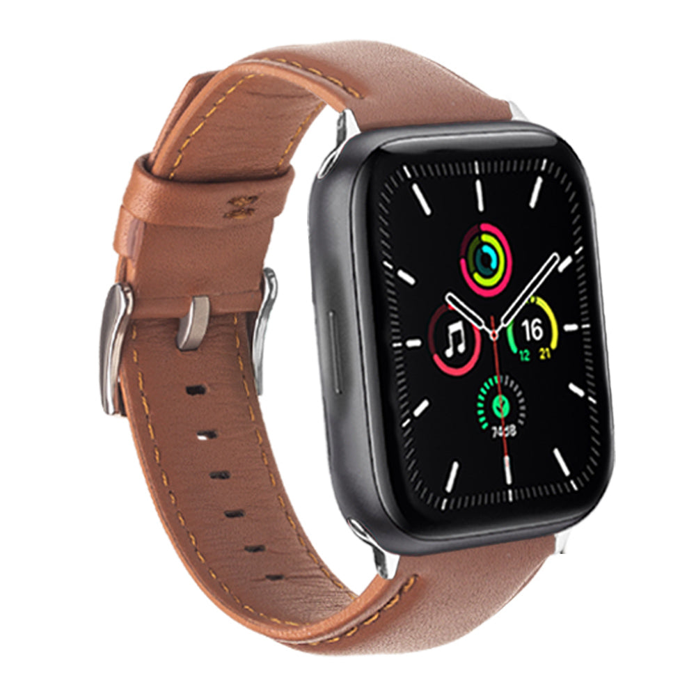 QIALINO Nappa Texture Genuine Leather Smart Watch Band Wrist Strap for Apple Watch Ultra 49mm / Series 8 45mm / 7 45mm / Series 4 / 5 / 6 / SE 44mm / SE (2022) 44mm / Series 1 / 2 / 3 42mm - Light Brown