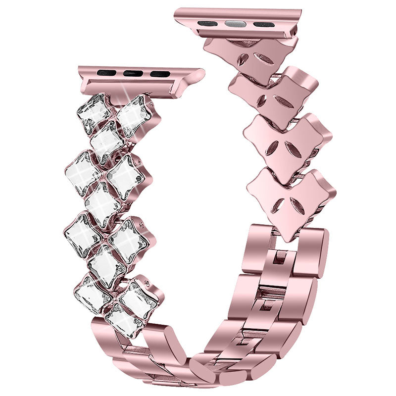 Glittery Rhinestones Decor Stainless Steel Replacement Watch Band Wrist Strap for Apple Watch Ultra 49mm / Series 8 45mm / 7 45mm / Watch Series 1 / 2 / 3 42mm / Watch Series 4 / 5 / 6 / SE 44mm / SE (2022) 44mm - Rose Pink