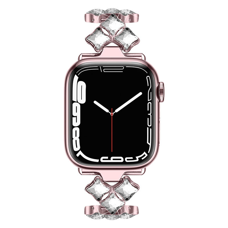 Glittery Rhinestones Decor Stainless Steel Replacement Watch Band Wrist Strap for Apple Watch Ultra 49mm / Series 8 45mm / 7 45mm / Watch Series 1 / 2 / 3 42mm / Watch Series 4 / 5 / 6 / SE 44mm / SE (2022) 44mm - Rose Pink