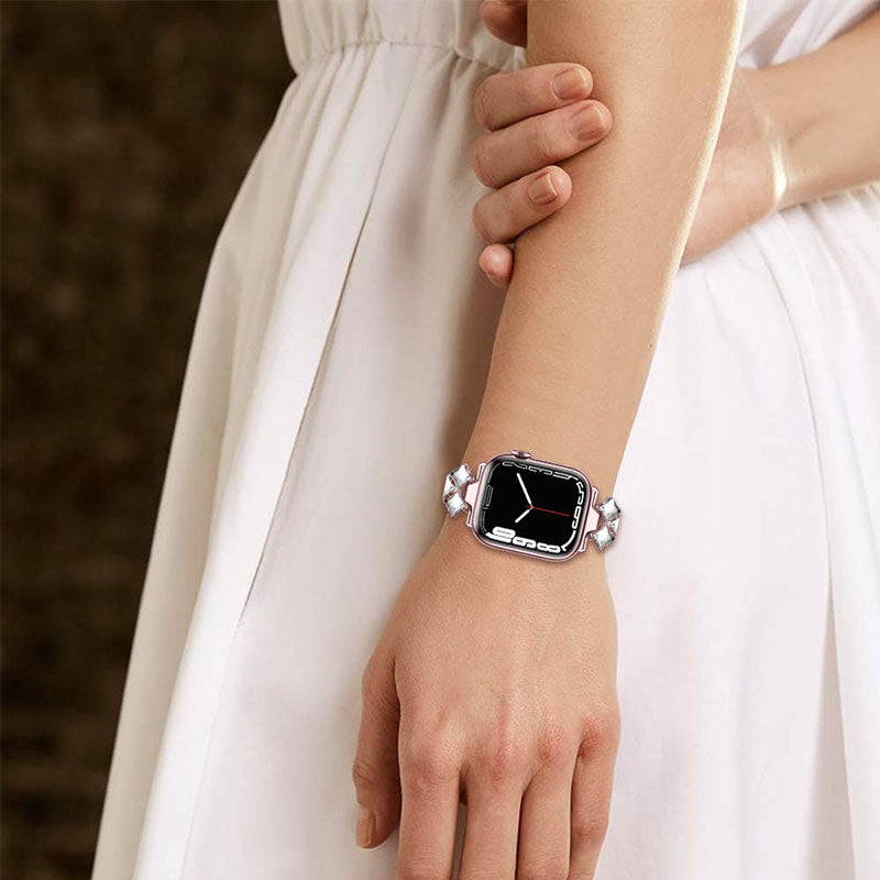 Glittery Rhinestones Decor Stainless Steel Replacement Watch Band Wrist Strap for Apple Watch Ultra 49mm / Series 8 45mm / 7 45mm / Watch Series 1 / 2 / 3 42mm / Watch Series 4 / 5 / 6 / SE 44mm / SE (2022) 44mm - Rose Pink