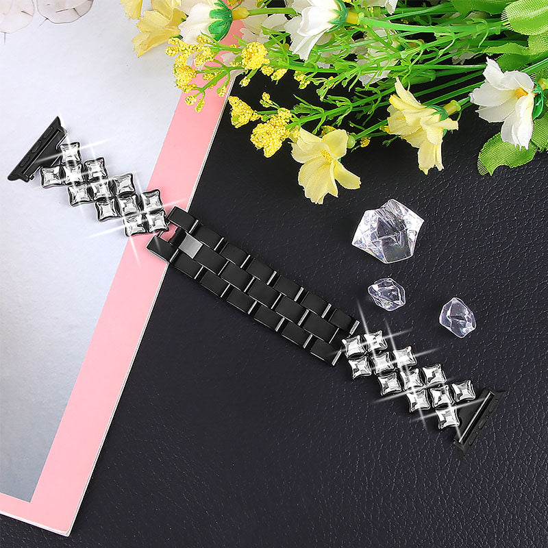 Glittery Rhinestones Decor Stainless Steel Replacement Watch Band Wrist Strap for Apple Watch Ultra 49mm / Series 8 45mm / 7 45mm / Watch Series 1 / 2 / 3 42mm / Watch Series 4 / 5 / 6 / SE 44mm / SE (2022) 44mm - Black