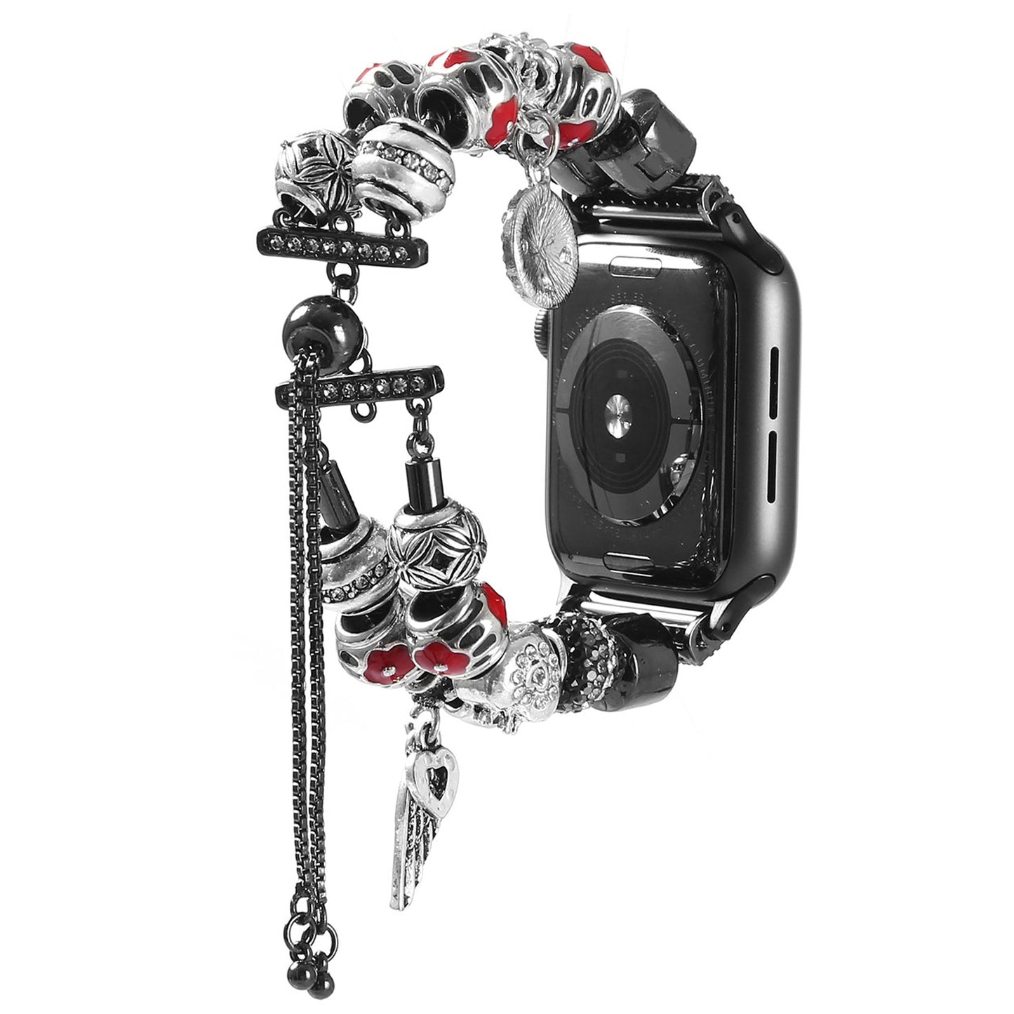 Stylish Style Metal+Wooden Beads Bracelet Smart Watch Band Replacement Watch Strap for Apple Watch Ultra 49mm / Series 8 45mm / 7 45mm / 6 / 5 / 4 / SE 44mm / SE (2022) 44mm / 3 / 2 / 1 42mm - Black / Red