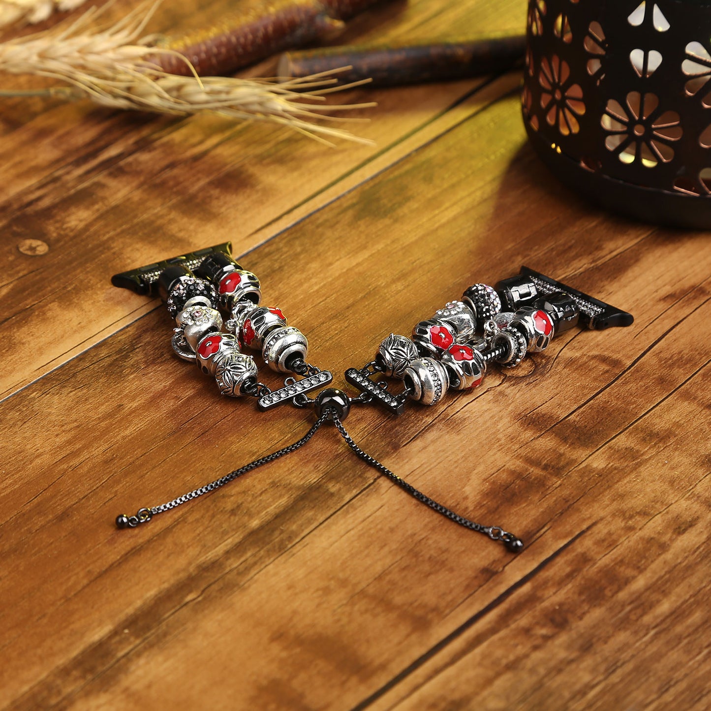 Stylish Style Metal+Wooden Beads Bracelet Smart Watch Band Replacement Watch Strap for Apple Watch Ultra 49mm / Series 8 45mm / 7 45mm / 6 / 5 / 4 / SE 44mm / SE (2022) 44mm / 3 / 2 / 1 42mm - Black / Red