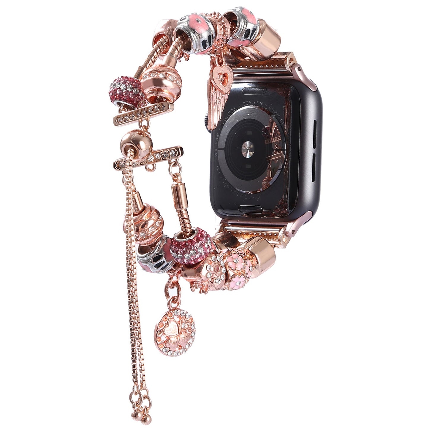 Stylish Style Metal+Wooden Beads Bracelet Smart Watch Band Replacement Watch Strap for Apple Watch Ultra 49mm / Series 8 45mm / 7 45mm / 6 / 5 / 4 / SE 44mm / SE (2022) 44mm / 3 / 2 / 1 42mm - Rose Gold