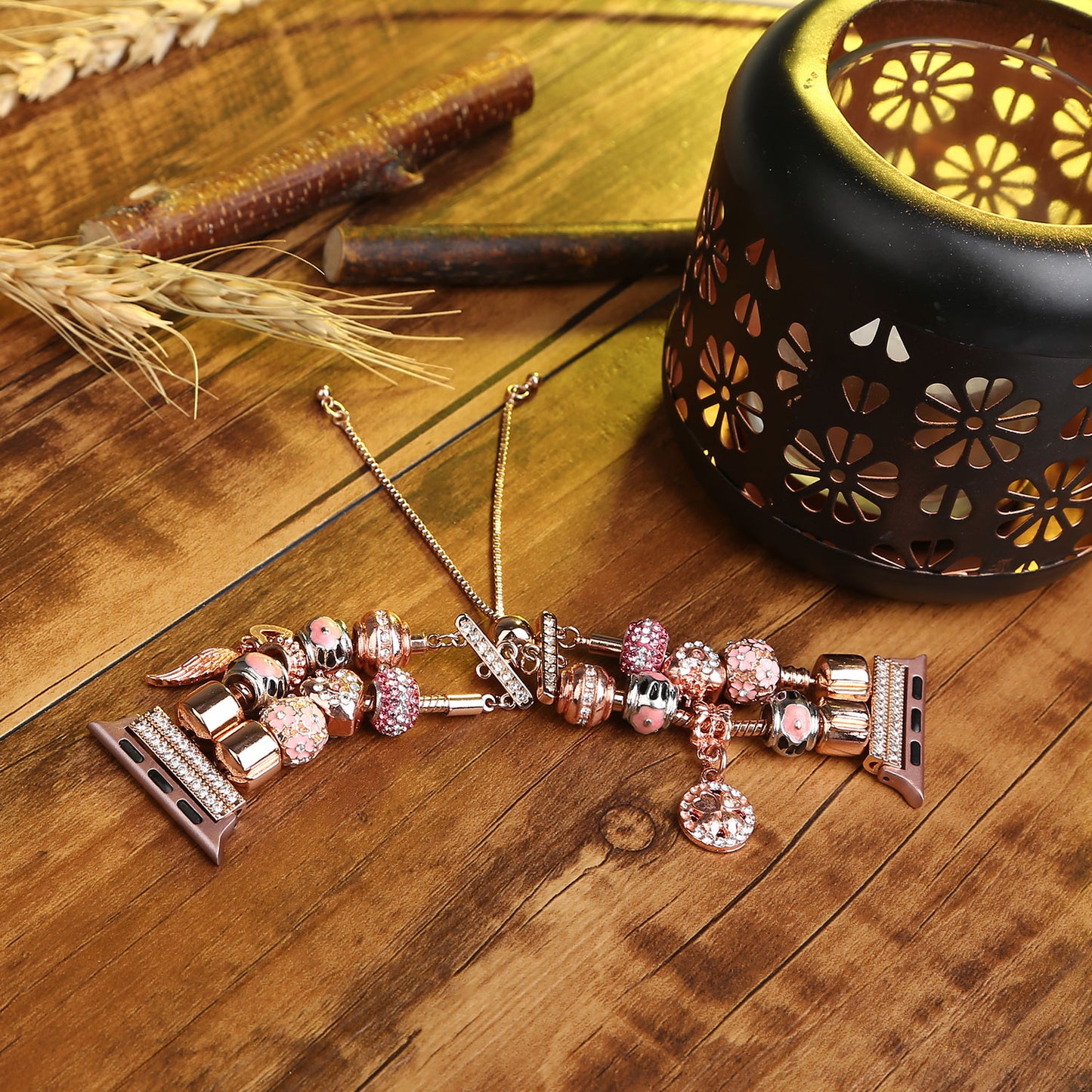 Stylish Style Metal+Wooden Beads Bracelet Smart Watch Band Replacement Watch Strap for Apple Watch Ultra 49mm / Series 8 45mm / 7 45mm / 6 / 5 / 4 / SE 44mm / SE (2022) 44mm / 3 / 2 / 1 42mm - Rose Gold