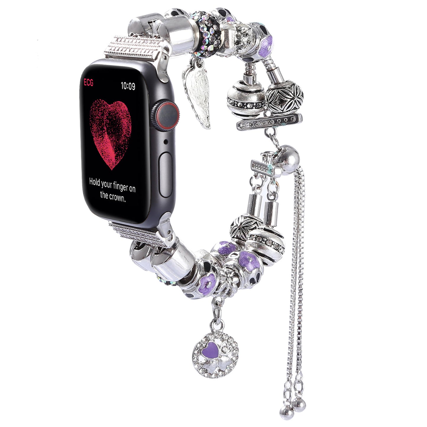 Stylish Style Metal+Wooden Beads Bracelet Smart Watch Band Replacement Watch Strap for Apple Watch Ultra 49mm / Series 8 45mm / 7 45mm / 6 / 5 / 4 / SE 44mm / SE (2022) 44mm / 3 / 2 / 1 42mm - Silver / Purple