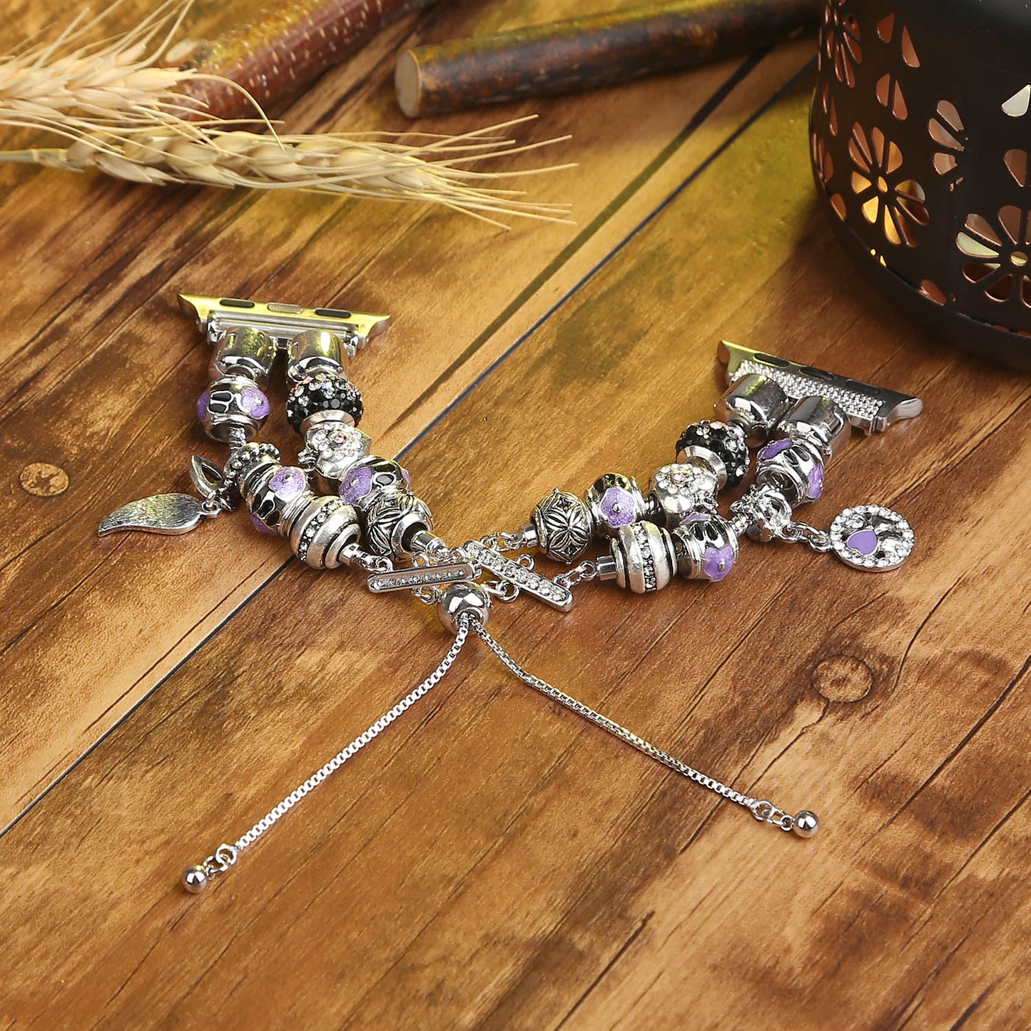 Stylish Style Metal+Wooden Beads Bracelet Smart Watch Band Replacement Watch Strap for Apple Watch Ultra 49mm / Series 8 45mm / 7 45mm / 6 / 5 / 4 / SE 44mm / SE (2022) 44mm / 3 / 2 / 1 42mm - Silver / Purple