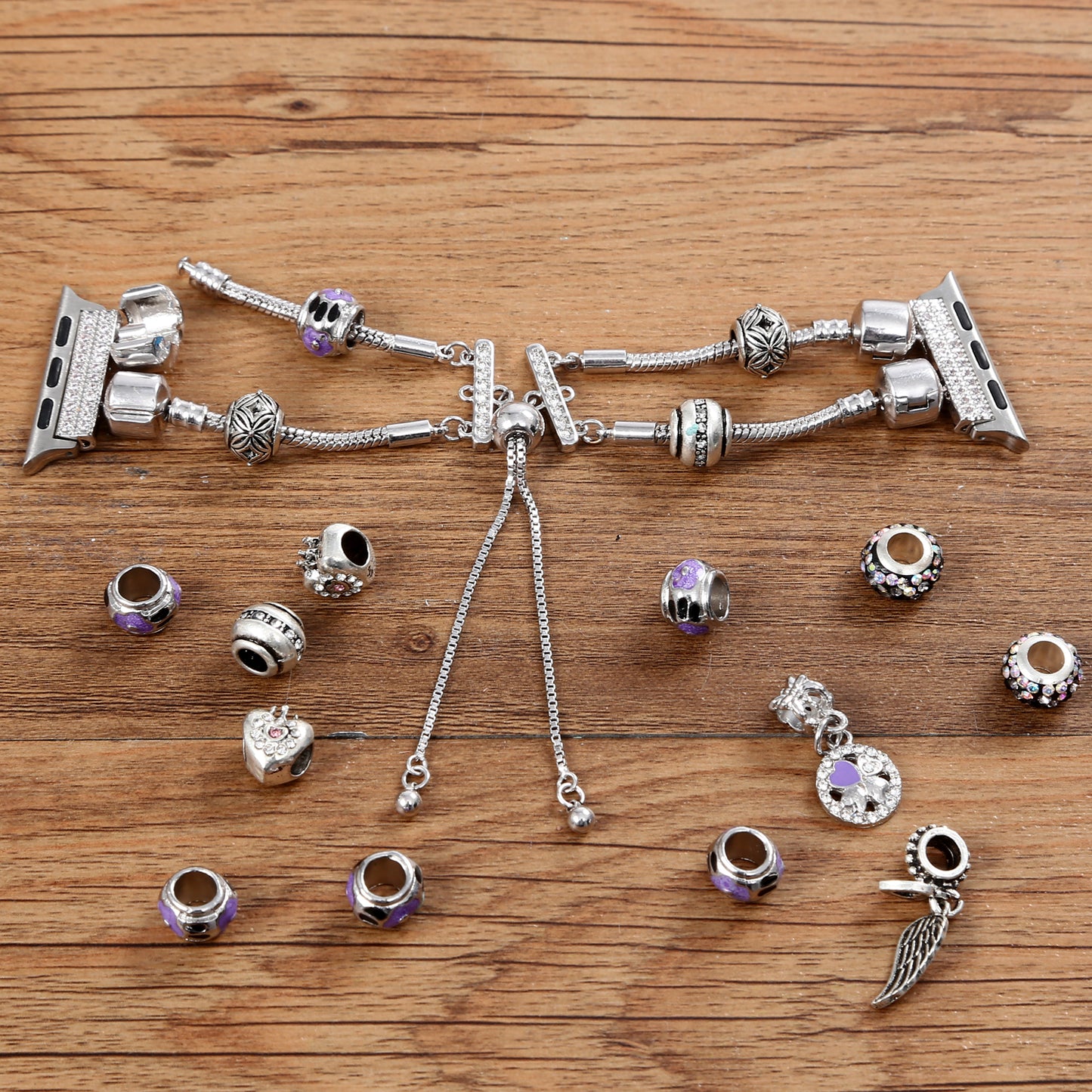 Stylish Style Metal+Wooden Beads Bracelet Smart Watch Band Replacement Watch Strap for Apple Watch Ultra 49mm / Series 8 45mm / 7 45mm / 6 / 5 / 4 / SE 44mm / SE (2022) 44mm / 3 / 2 / 1 42mm - Silver / Purple