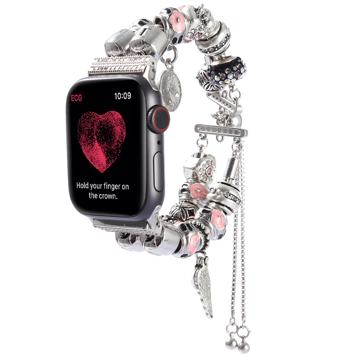 Stylish Style Metal+Wooden Beads Bracelet Smart Watch Band Replacement Watch Strap for Apple Watch Ultra 49mm / Series 8 45mm / 7 45mm / 6 / 5 / 4 / SE 44mm / SE (2022) 44mm / 3 / 2 / 1 42mm - Silver / Pink