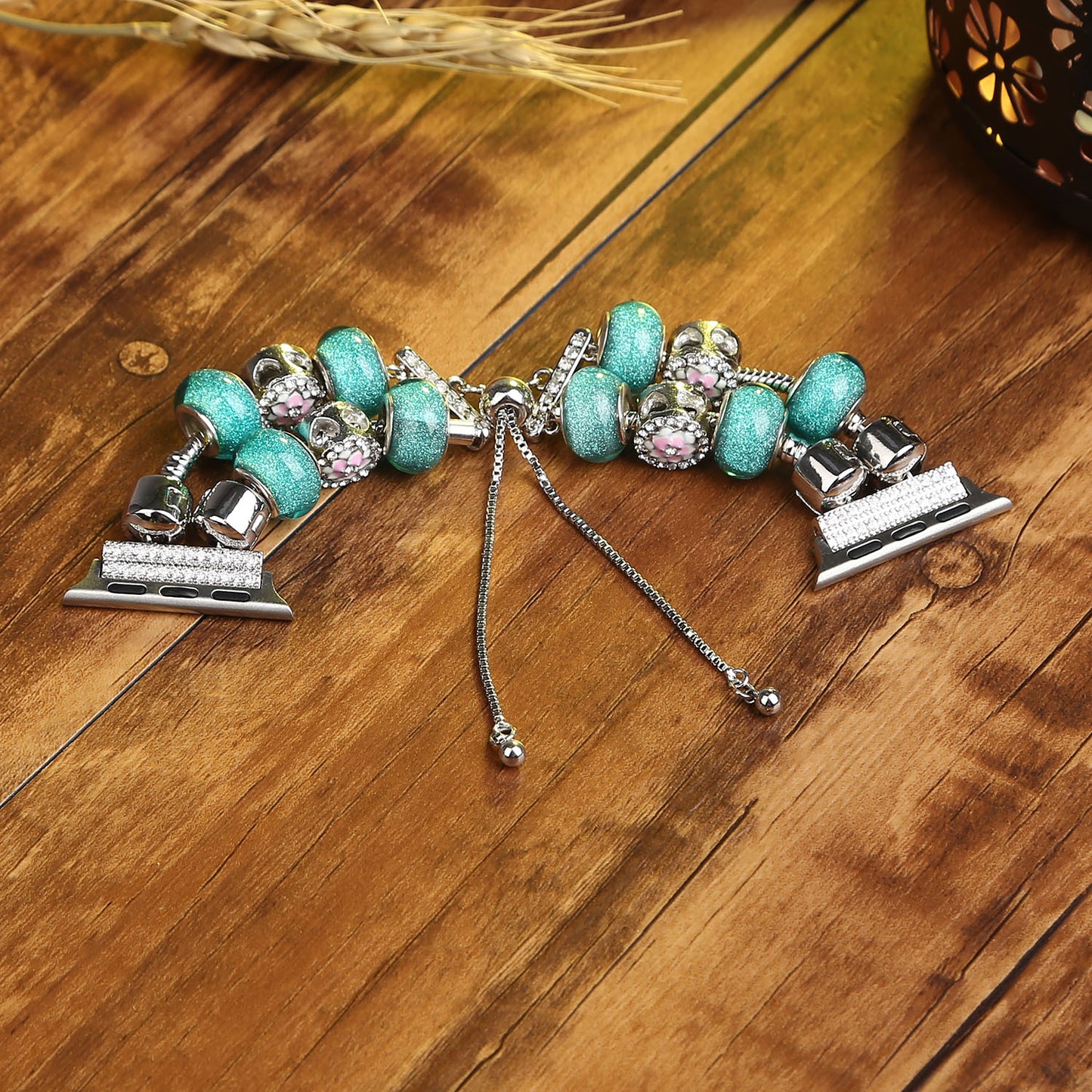 Stylish Style Metal+Wooden Beads Bracelet Smart Watch Band Replacement Watch Strap for Apple Watch Ultra 49mm / Series 8 45mm / 7 45mm / 6 / 5 / 4 / SE 44mm / SE (2022) 44mm / 3 / 2 / 1 42mm - Blue