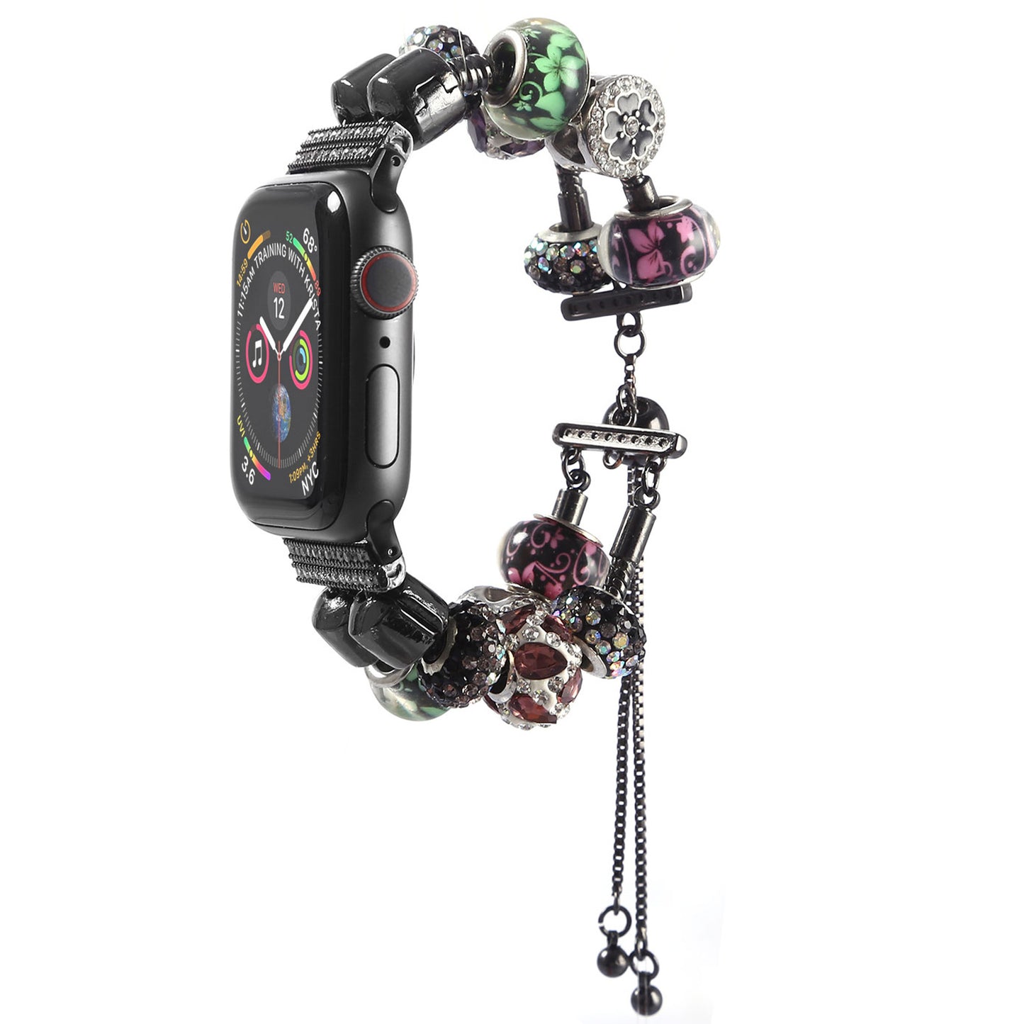 Stylish Style Metal+Wooden Beads Bracelet Smart Watch Band Replacement Watch Strap for Apple Watch Ultra 49mm / Series 8 45mm / 7 45mm / 6 / 5 / 4 / SE 44mm / SE (2022) 44mm / 3 / 2 / 1 42mm - Pink / Green Flower