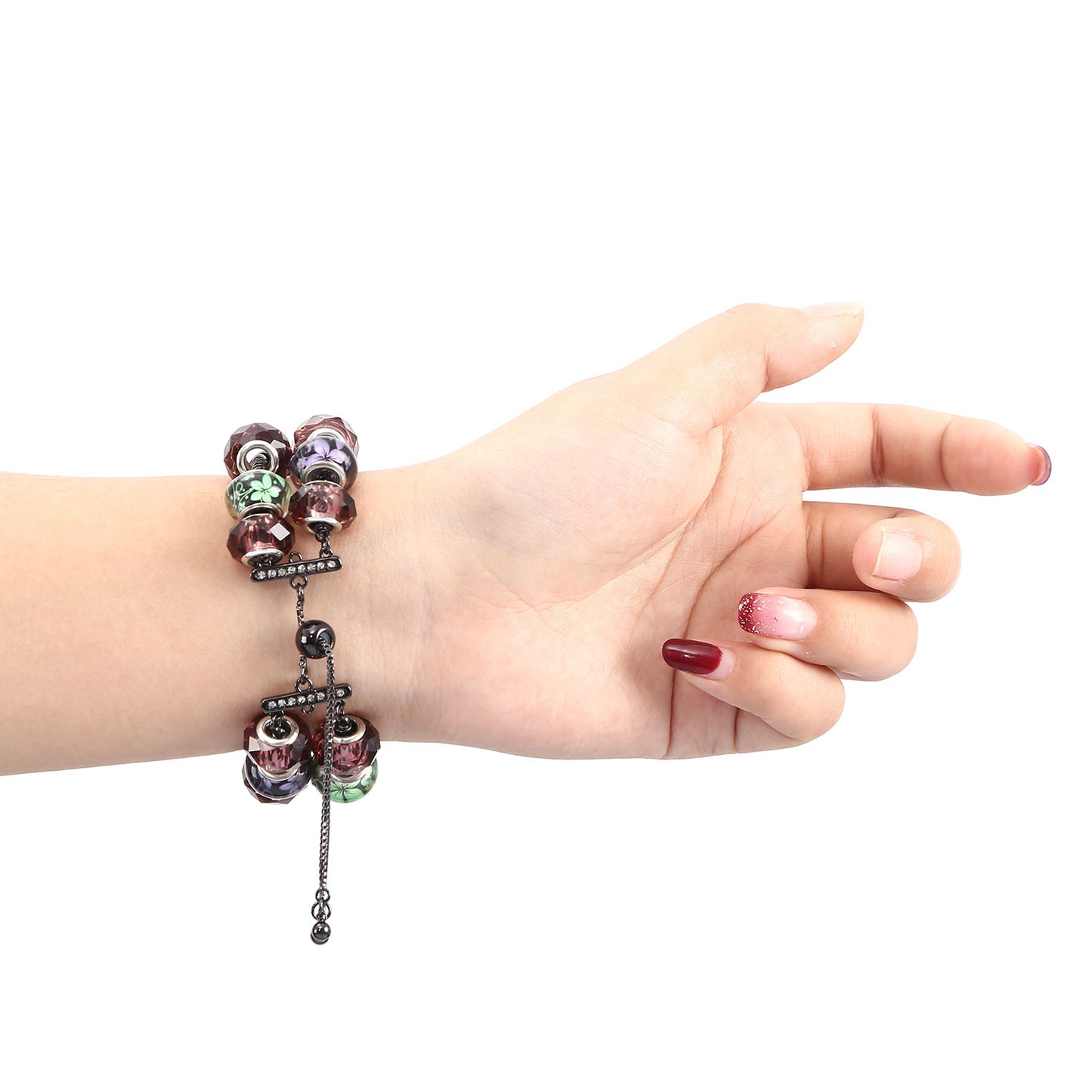 Stylish Style Metal+Wooden Beads Bracelet Smart Watch Band Replacement Watch Strap for Apple Watch Ultra 49mm / Series 8 45mm / 7 45mm / 6 / 5 / 4 / SE 44mm / SE (2022) 44mm / 3 / 2 / 1 42mm - Pink / Green Flower