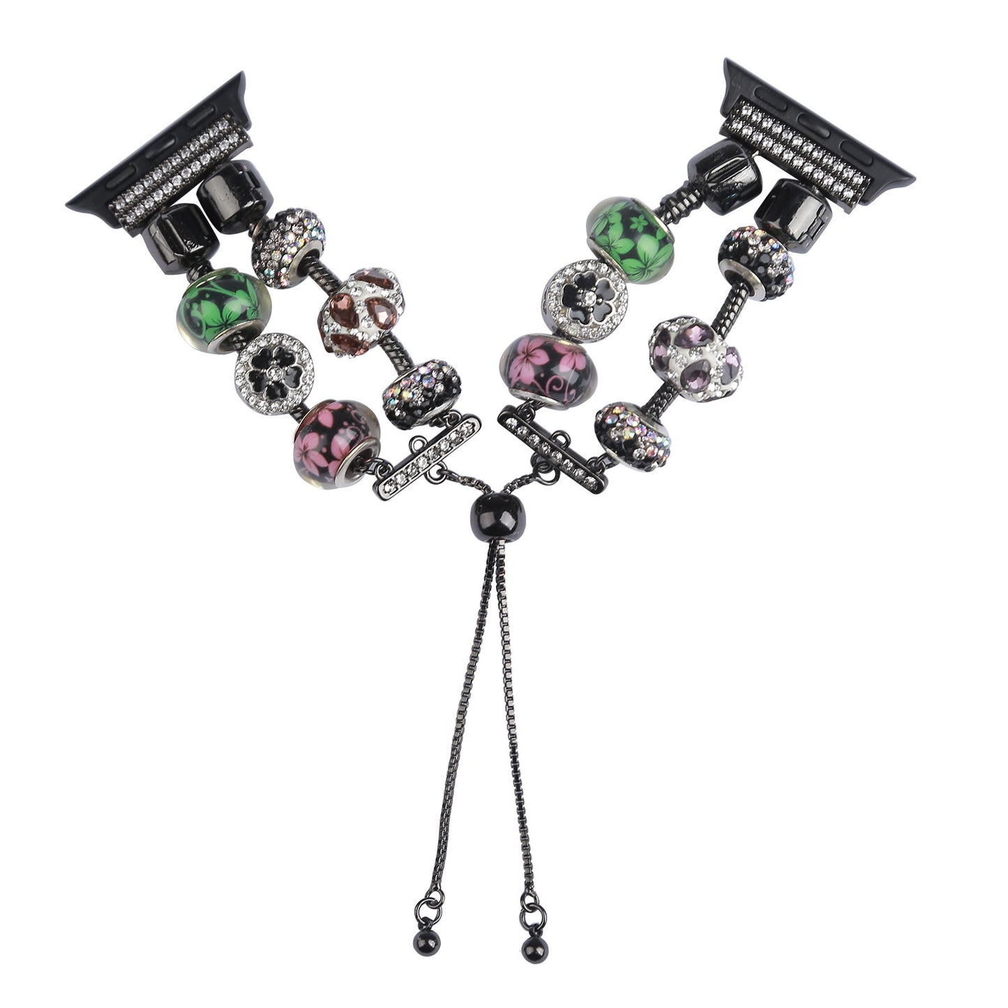 Stylish Style Metal+Wooden Beads Bracelet Smart Watch Band Replacement Watch Strap for Apple Watch Ultra 49mm / Series 8 45mm / 7 45mm / 6 / 5 / 4 / SE 44mm / SE (2022) 44mm / 3 / 2 / 1 42mm - Pink / Green Flower