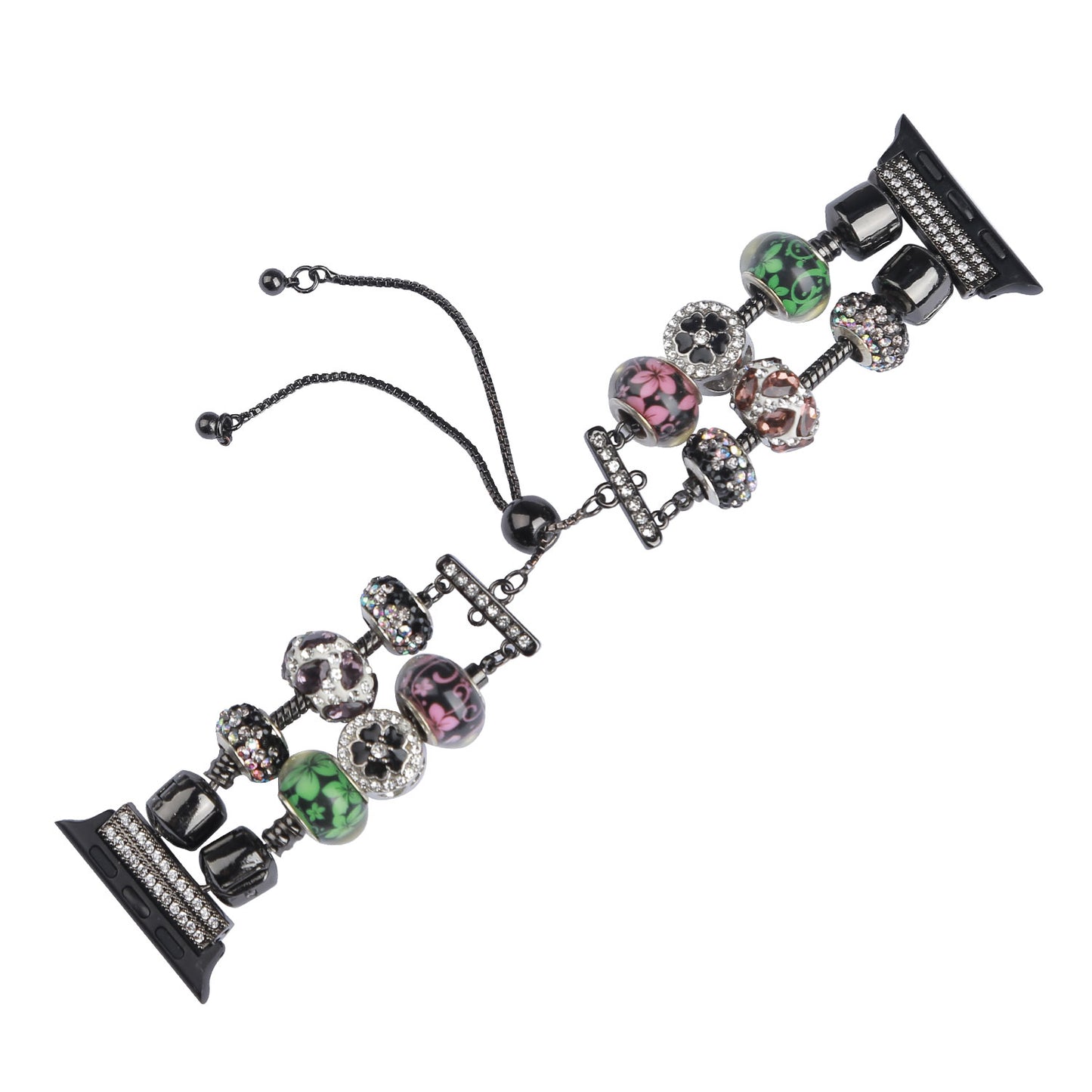 Stylish Style Metal+Wooden Beads Bracelet Smart Watch Band Replacement Watch Strap for Apple Watch Ultra 49mm / Series 8 45mm / 7 45mm / 6 / 5 / 4 / SE 44mm / SE (2022) 44mm / 3 / 2 / 1 42mm - Pink / Green Flower