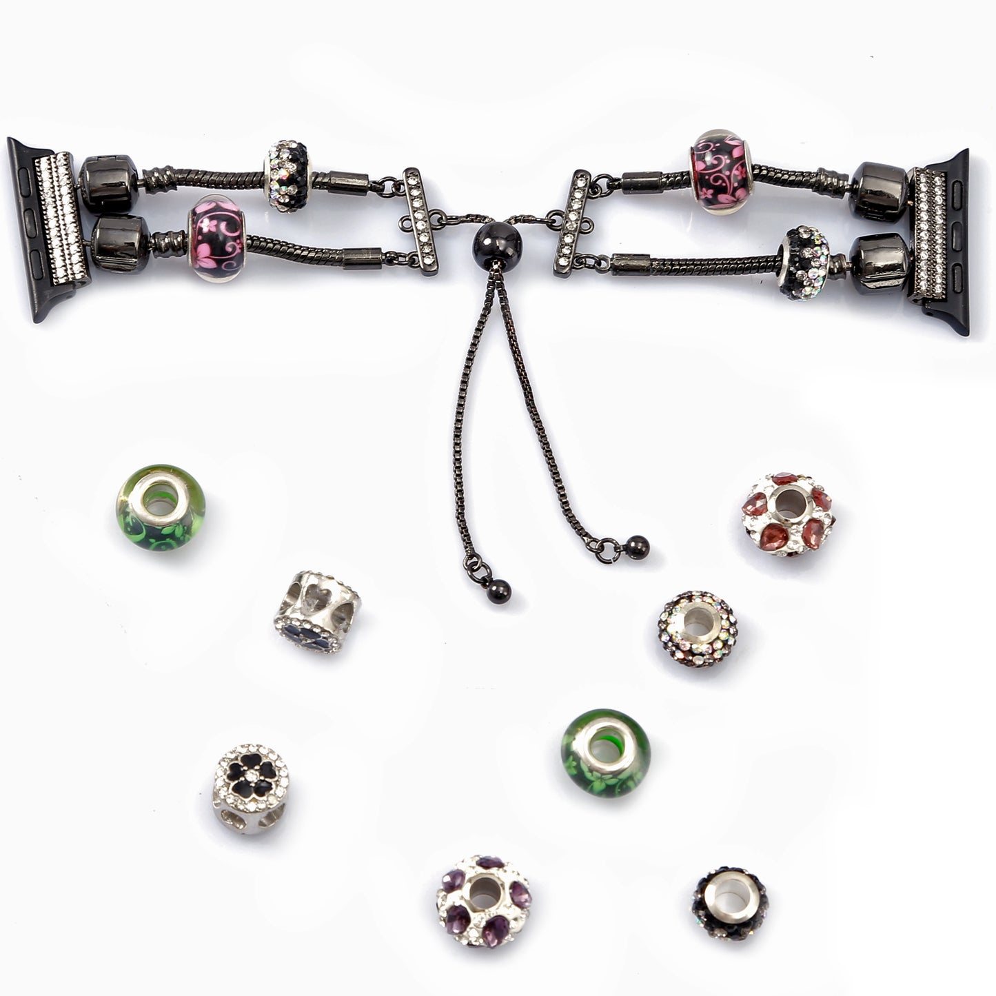 Stylish Style Metal+Wooden Beads Bracelet Smart Watch Band Replacement Watch Strap for Apple Watch Ultra 49mm / Series 8 45mm / 7 45mm / 6 / 5 / 4 / SE 44mm / SE (2022) 44mm / 3 / 2 / 1 42mm - Pink / Green Flower