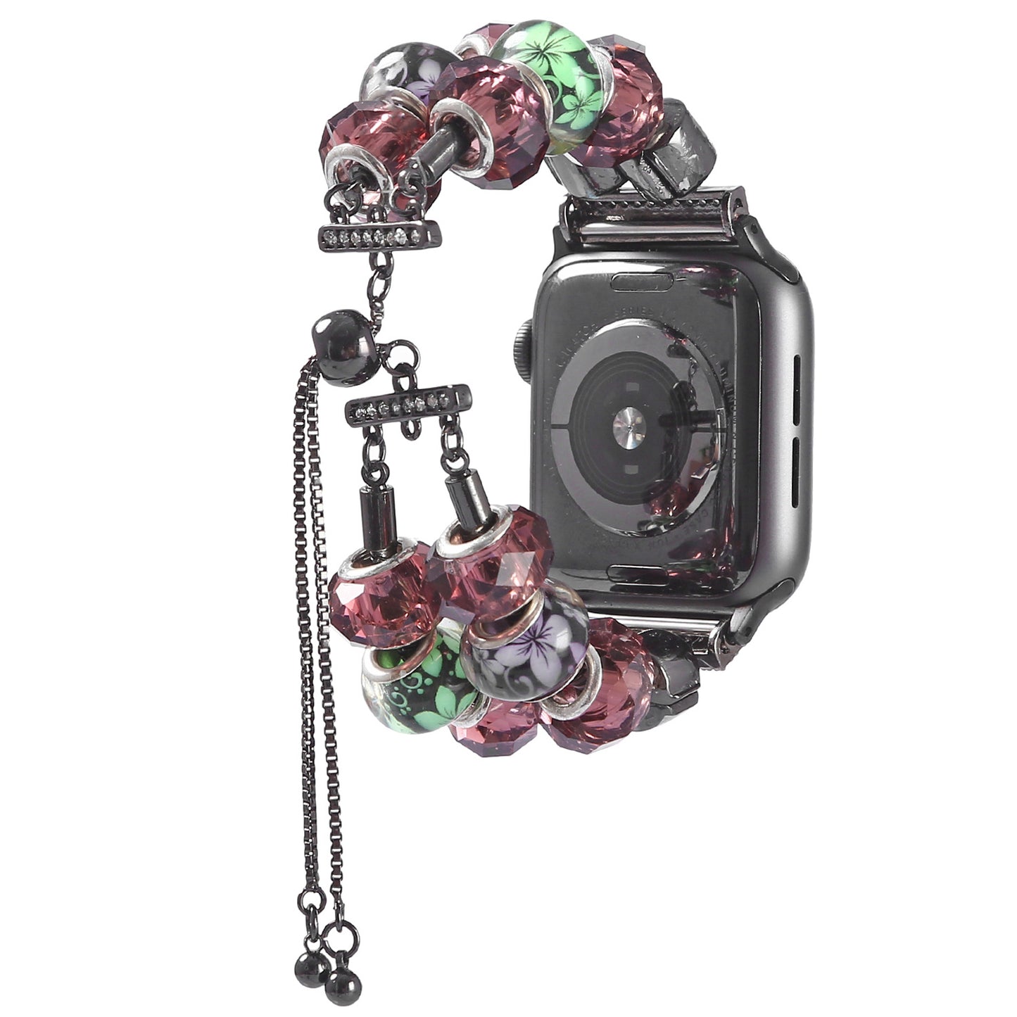 Stylish Style Metal+Wooden Beads Bracelet Smart Watch Band Replacement Watch Strap for Apple Watch Ultra 49mm / Series 8 45mm / 7 45mm / 6 / 5 / 4 / SE 44mm / SE (2022) 44mm / 3 / 2 / 1 42mm - Green / Purple Fower