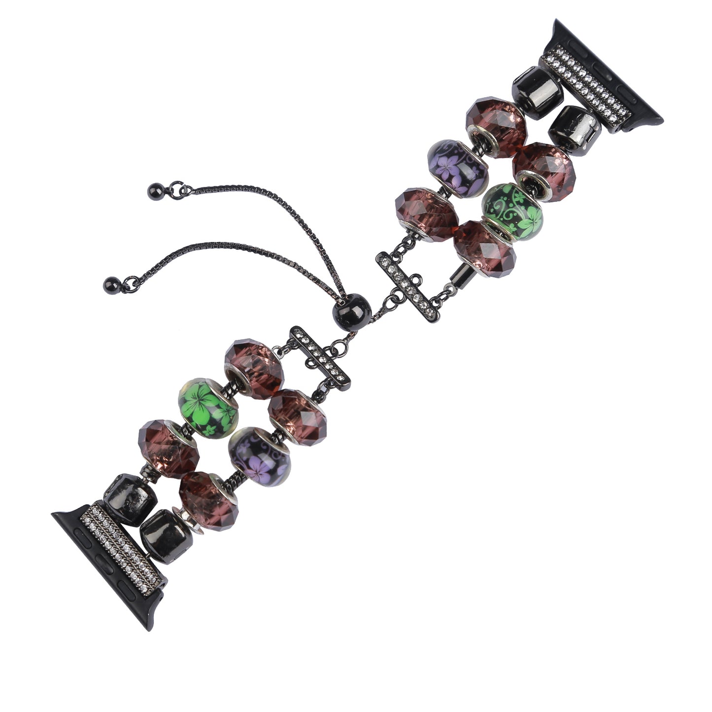 Stylish Style Metal+Wooden Beads Bracelet Smart Watch Band Replacement Watch Strap for Apple Watch Ultra 49mm / Series 8 45mm / 7 45mm / 6 / 5 / 4 / SE 44mm / SE (2022) 44mm / 3 / 2 / 1 42mm - Green / Purple Fower