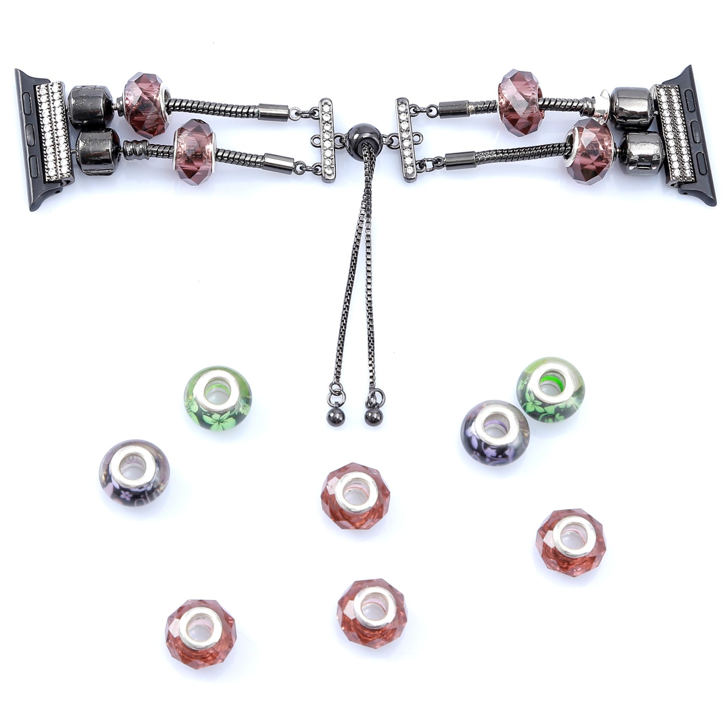 Stylish Style Metal+Wooden Beads Bracelet Smart Watch Band Replacement Watch Strap for Apple Watch Ultra 49mm / Series 8 45mm / 7 45mm / 6 / 5 / 4 / SE 44mm / SE (2022) 44mm / 3 / 2 / 1 42mm - Green / Purple Fower