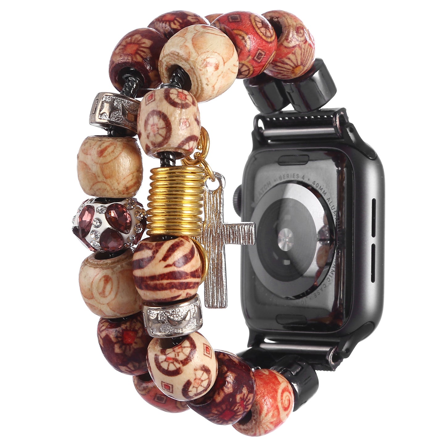 Stylish Style Metal+Wooden Beads Bracelet Smart Watch Band Replacement Watch Strap for Apple Watch Ultra 49mm / Series 8 45mm / 7 45mm / 6 / 5 / 4 / SE 44mm / SE (2022) 44mm / 3 / 2 / 1 42mm - Wood Color