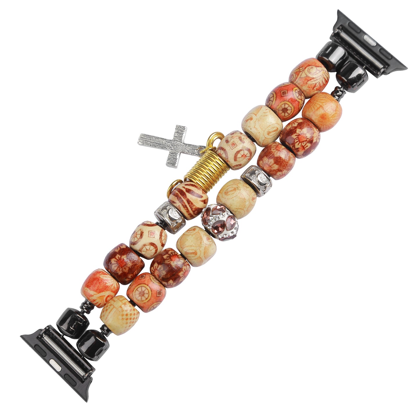 Stylish Style Metal+Wooden Beads Bracelet Smart Watch Band Replacement Watch Strap for Apple Watch Ultra 49mm / Series 8 45mm / 7 45mm / 6 / 5 / 4 / SE 44mm / SE (2022) 44mm / 3 / 2 / 1 42mm - Wood Color