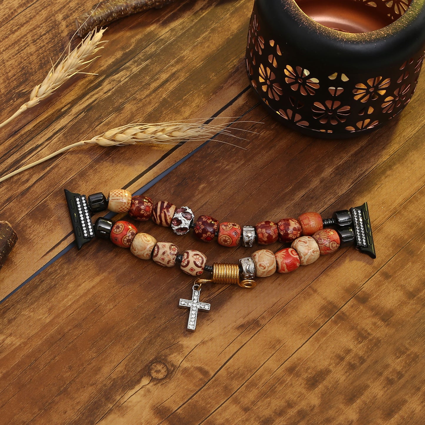 Stylish Style Metal+Wooden Beads Bracelet Smart Watch Band Replacement Watch Strap for Apple Watch Ultra 49mm / Series 8 45mm / 7 45mm / 6 / 5 / 4 / SE 44mm / SE (2022) 44mm / 3 / 2 / 1 42mm - Wood Color