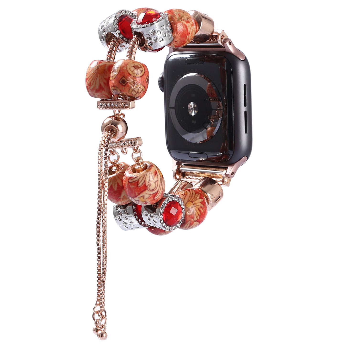 Stylish Style Metal+Wooden Beads Bracelet Smart Watch Band Replacement Watch Strap for Apple Watch Ultra 49mm / Series 8 45mm / 7 45mm / 6 / 5 / 4 / SE 44mm / SE (2022) 44mm / 3 / 2 / 1 42mm - Wood Color / Chain Dangle